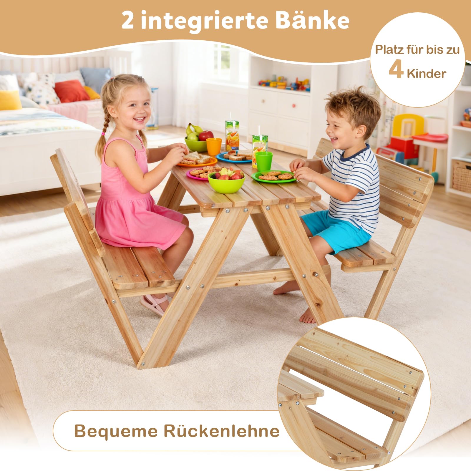 COSTWAY Kinder Picknicktisch, Kindersitzgruppe Outdoor mit Tisch & 2 Sitzbänken, Kindersitzgarnitur Garten für bis zu 4 Kinder, Sitzgruppe Gartenmöbel aus Holz für Jungen & Mädchen ab 3 Jahren