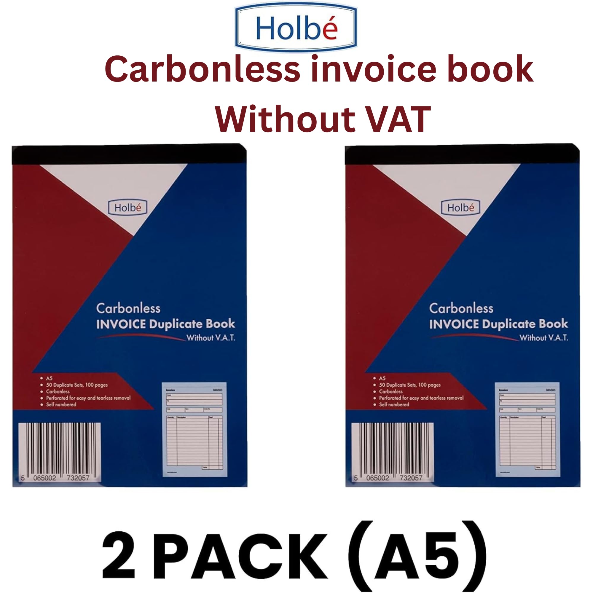 Lot de 2 carnets de reçus/carnet de factures sans TVA-A5, 100 pages chacun, auto-numéroté, facile à déchirer, couverture rigide étanche, séparateur de rechange