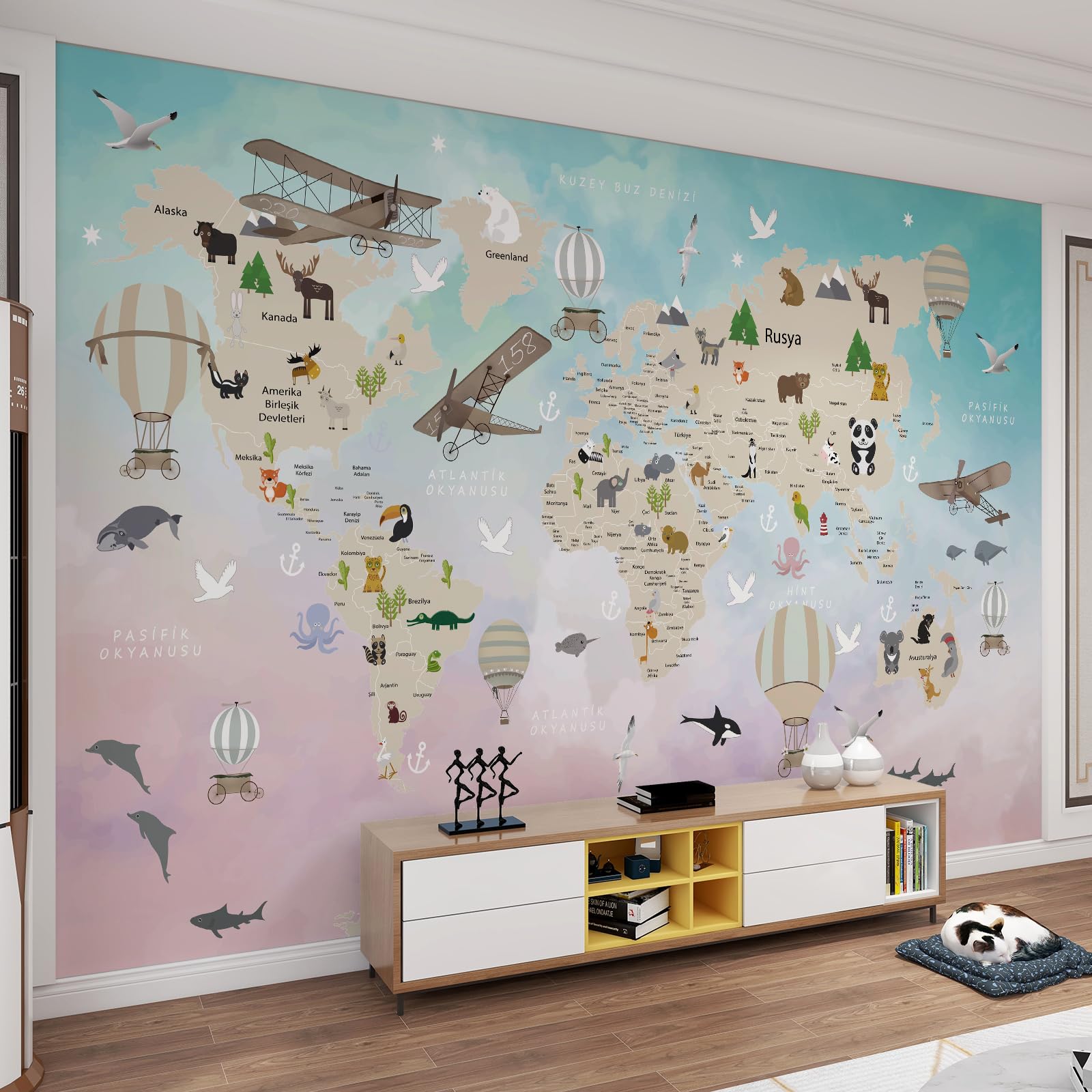 Papier peint mural enfants carte du monde pour chambre et bureau