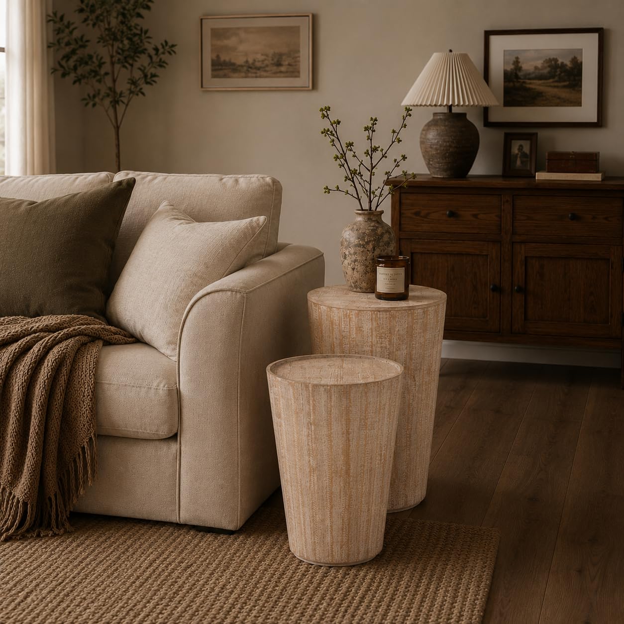 Aoikax Farmhouse Nesting Barrel Side Table, Fully Assembled, Natural | Rustic Space Saving Storage End Table Set, Natural Wood Finish