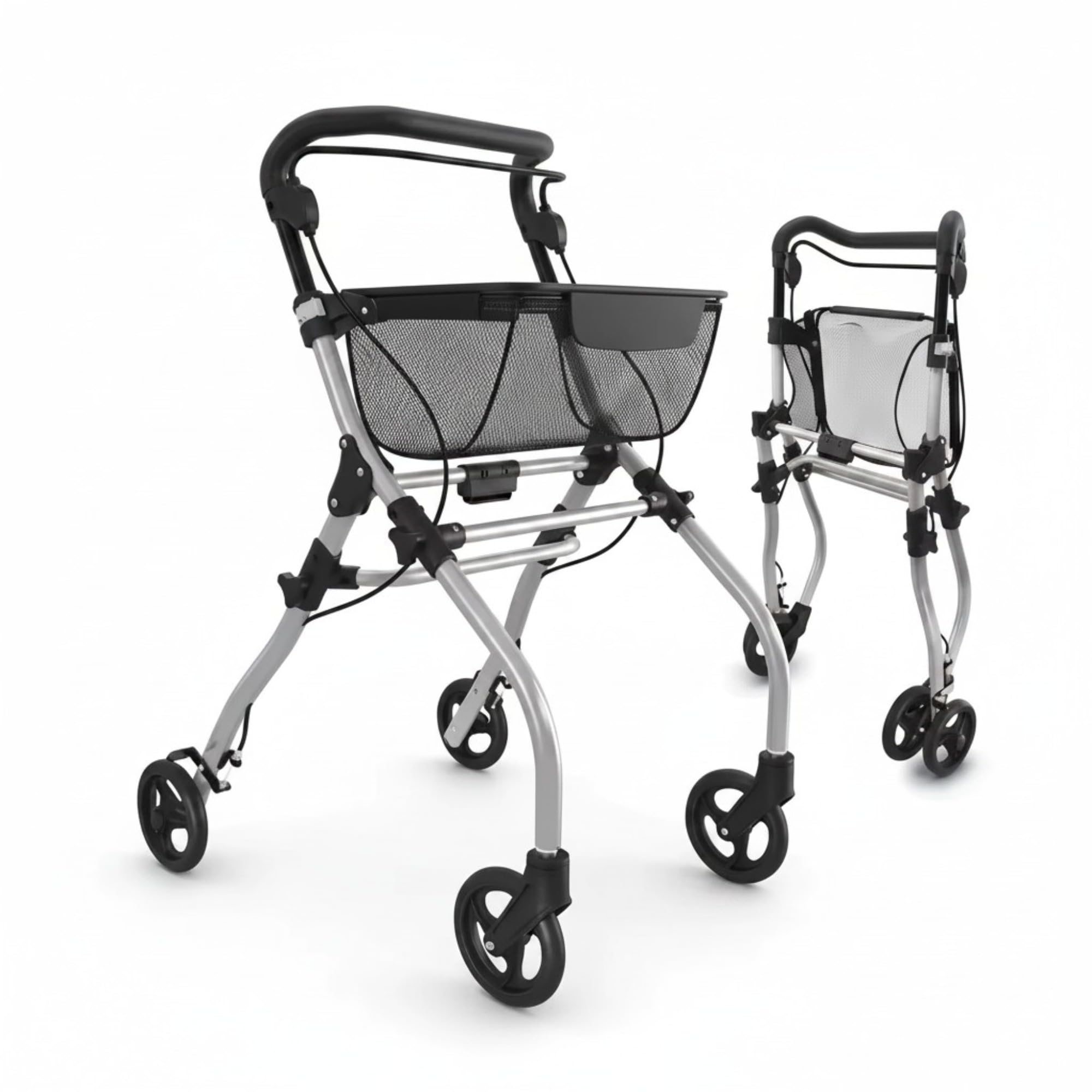 Weinberger Rollator schmal für Wohnung | 60 cm breit, faltbar, leicht, Tablett & Korb | Wendiger & höhenverstellbarer Indoor Wohnungsrollator klappbar | Gehhilfe, Laufhilfe für Senioren Schwarz/Silber