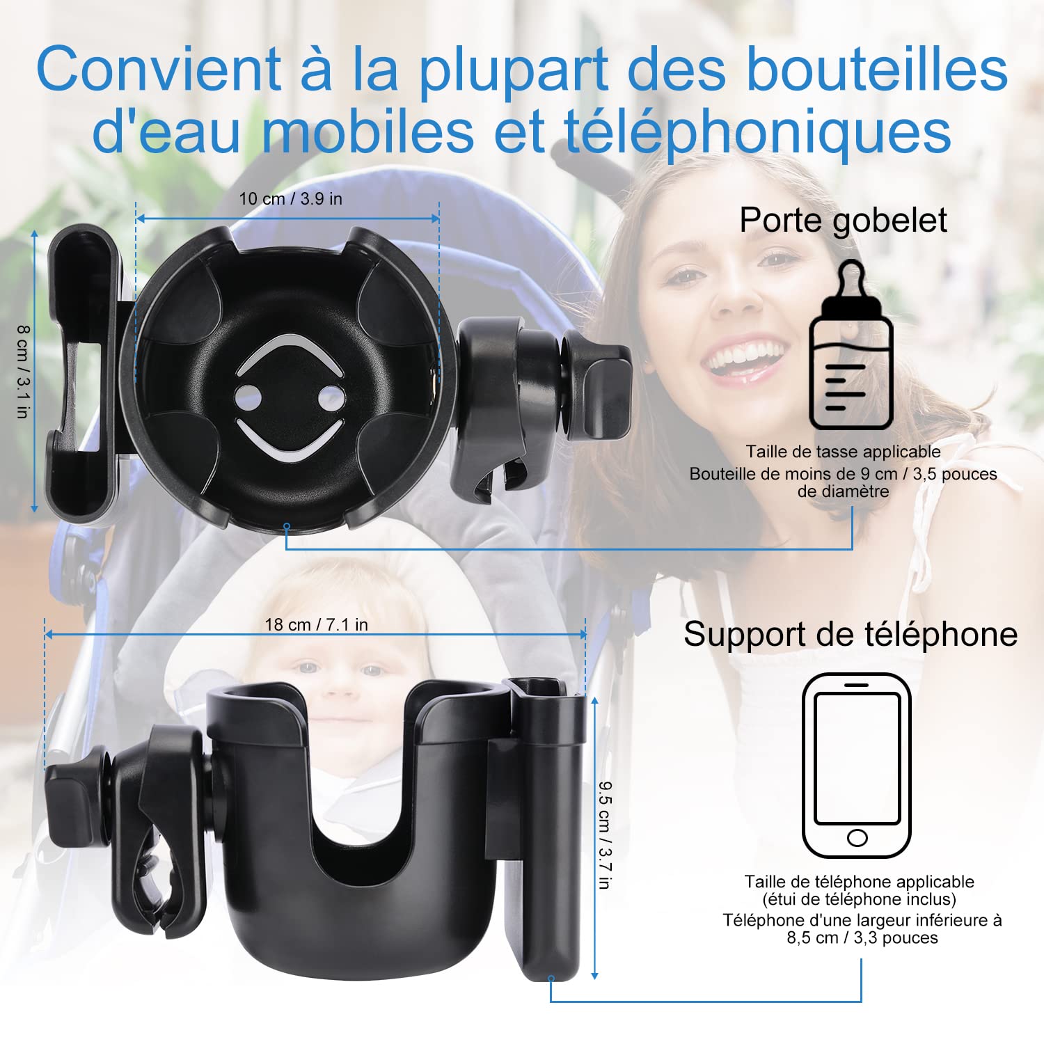 supregear Porte Gobelet Poussette, Rotatif à 360 Degrés 2 en 1 Parent Porte Gobelet Porte Bouteille d'eau Support de Téléphone pour Poussette Marcheur Vélo, Noir et sans Outil