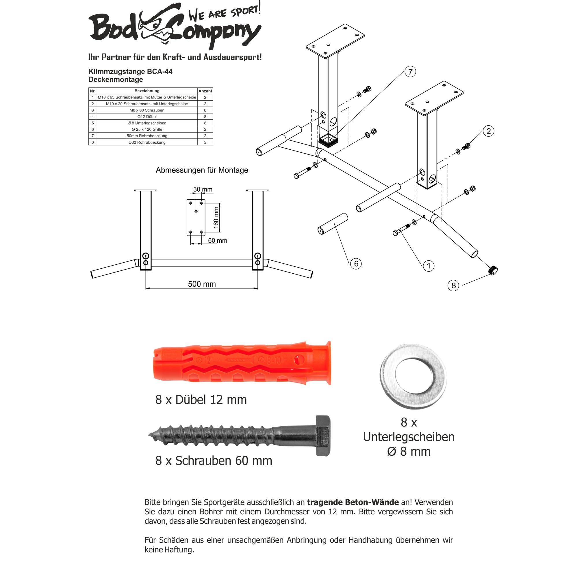 Bad Company Sbarra per trazioni Professionale | Sbarra per Il Montaggio a Parete o al soffitto, Portata Fino a 350 kg | Compreso Materiale di Montaggio | BCA-44 e BCA-45