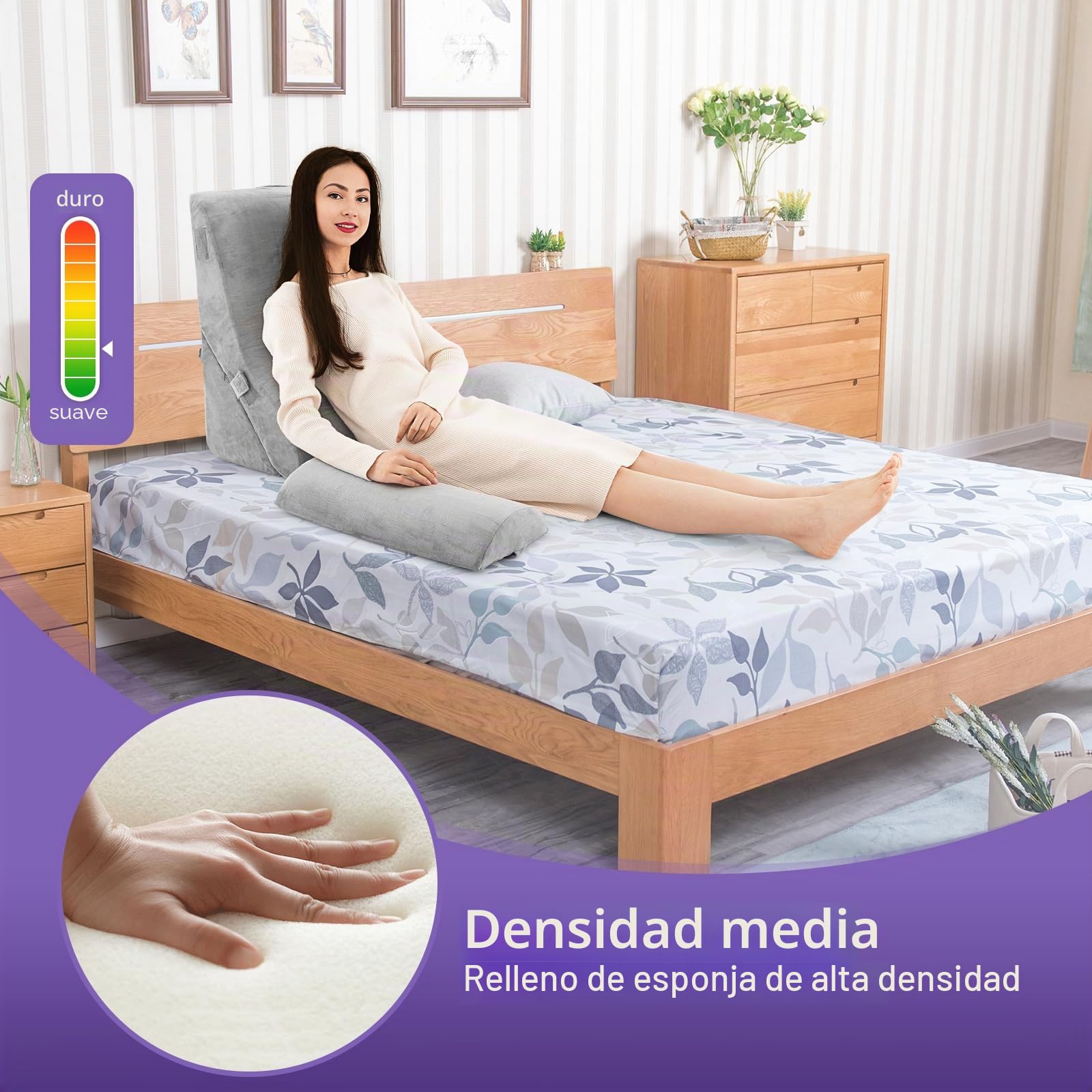 GOPLUS Juego de 3 cojines de cuña con cojín cervical extraíble y funda lavable, cojín de respaldo con espuma viscoelástica, soporte para la espalda, cojín de lectura para cama y sofá