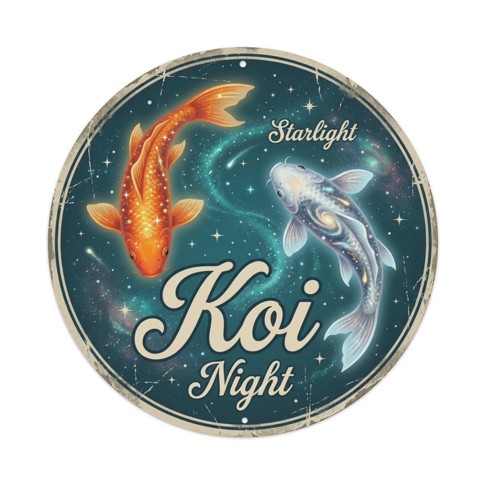 Koi Fish Starlight Night Waters Cosmic Sparkle Celestial Dream Metal Tin Sign