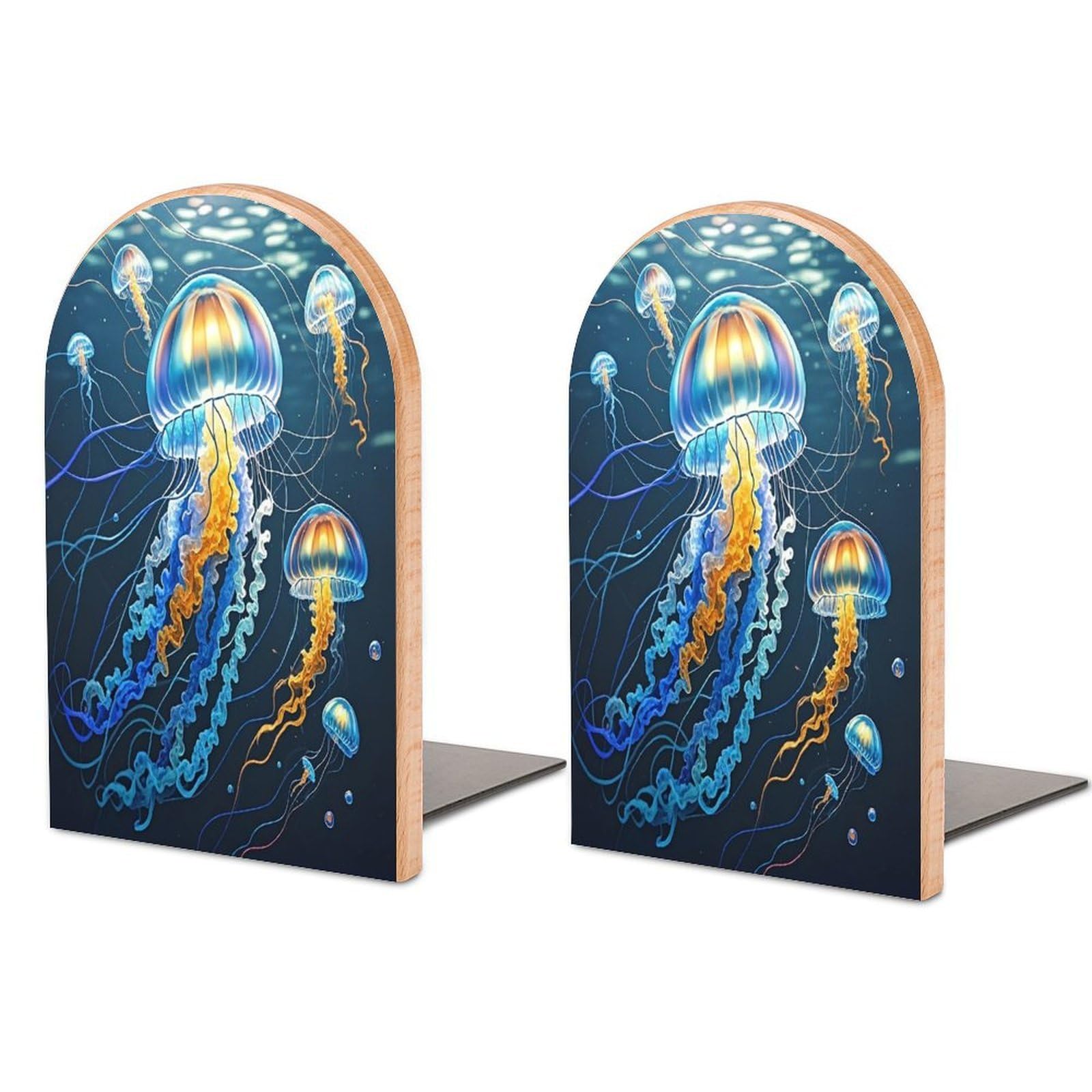 Color Jellyfish Bookends 1 Pair Heavy Duty Book Ends for Shelves Non-Skid Bookend Supports Wooden Book Holders with Metal Base Desk Organizers Books Storage to Hold Books