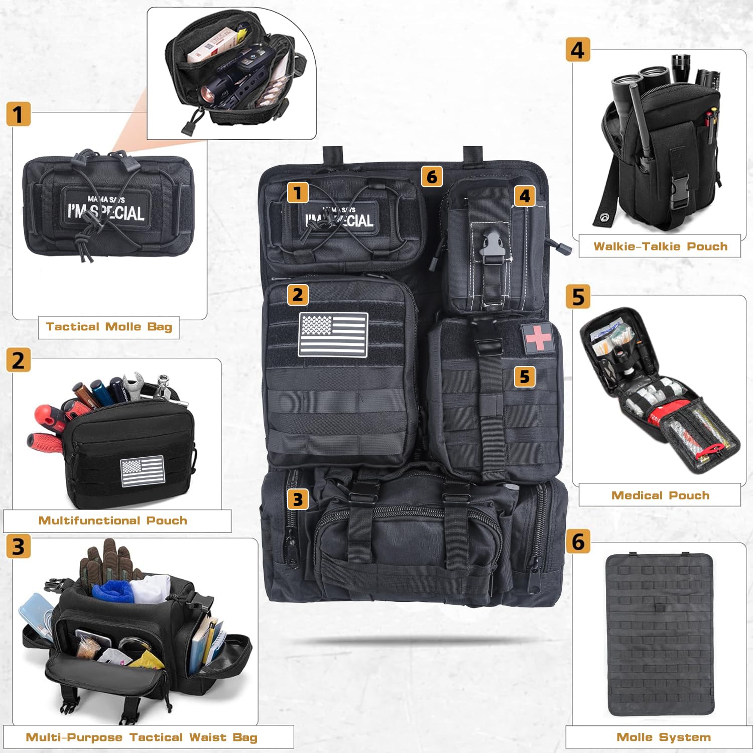 Organizer tattico per sedile posteriore, universale, con 5 tasche Molle multifunzione rimovibili, adatto per tutte le auto Jeep e camion, accessori da esterno per campeggio, viaggi su strada,