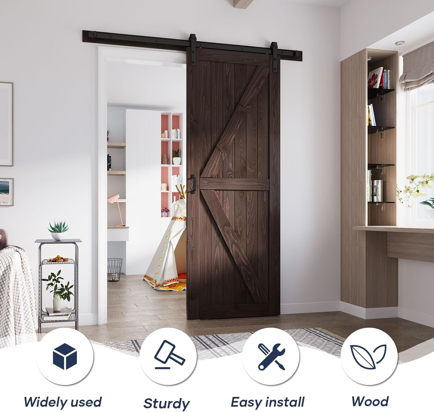 FREDBECK 36in x 96in Brown Barn Door with 6.6ft (79inch) Barn Door Hardware Track Kit and Handle Included, Double Surfaces,Simple Assembly is Required,K-Frame,Coffee Wood 36x96
