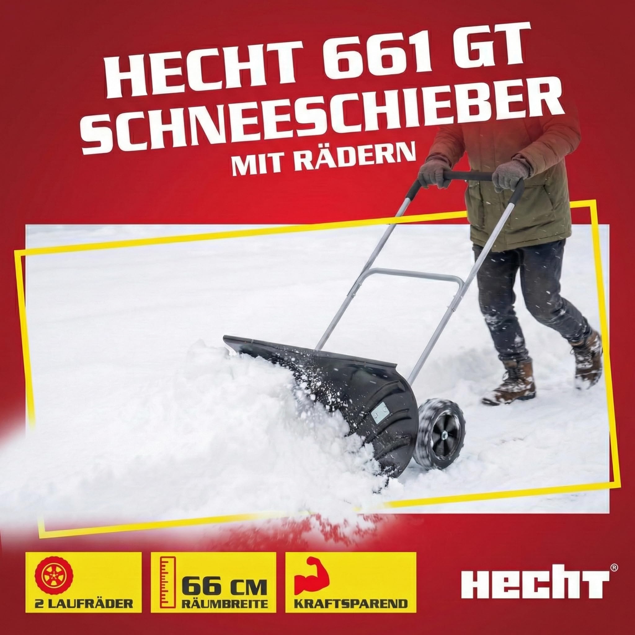 HECHT Großer Schneeschieber mit ergonomischem Stahlstiel – Schiebekante mit Stahlprofil – Schaufel im Winter perfekt – Profi Schneeschaufel mit Rädern jetzt günstig kaufen