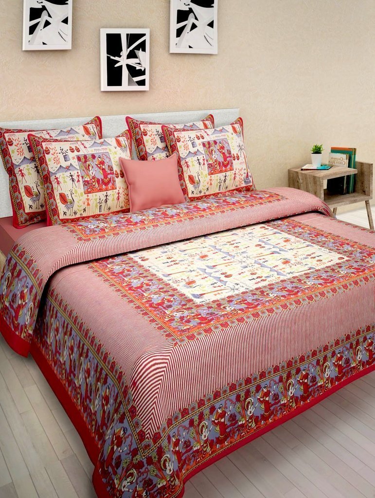 Rhf 100% Cotton King Size Double Bedsheet with 2 Pillow Cover- Maroon Multi-picture-25