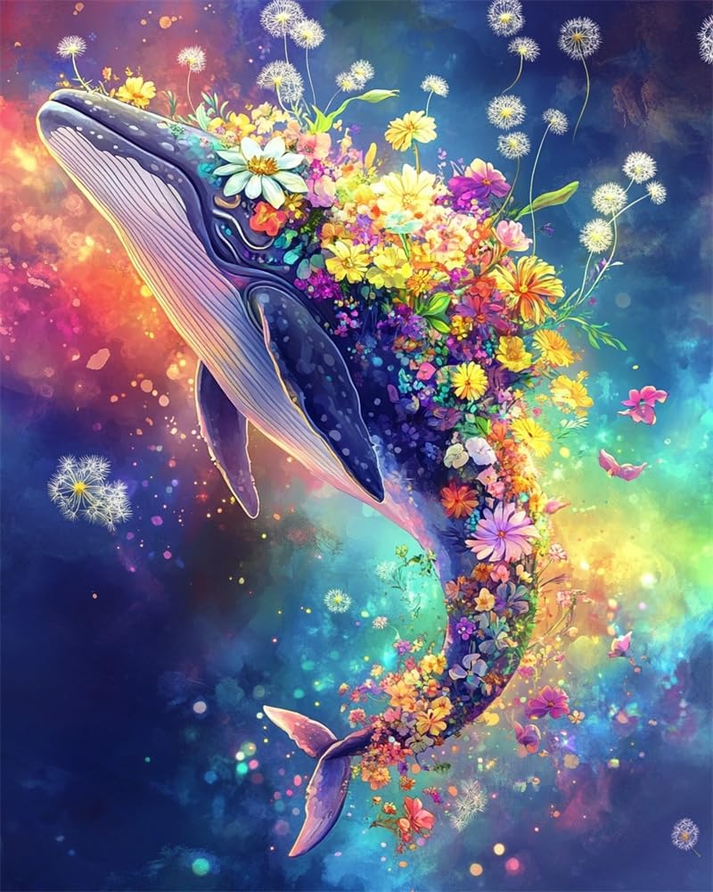 Henypt DIY Cross Stitch Kits for Beginners,Whale and Flowers 11Ct Counted Needlework Kits for Adults,Stamped Cross Stitch Kit with Printed,Hand Embroidery Kits for Home Wall Decor
