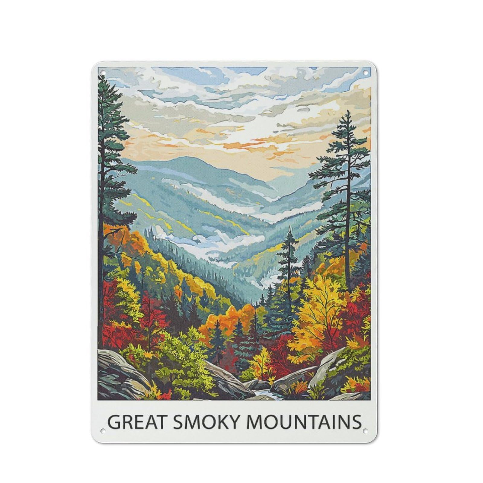 Junmoney Style-18 Metal Wall Plaque With Great Smoky Mountains Art Design 40X30cm, Simple Retro Studio Wall Plaque For Hobby Room, Office, Lounge Or Living Room