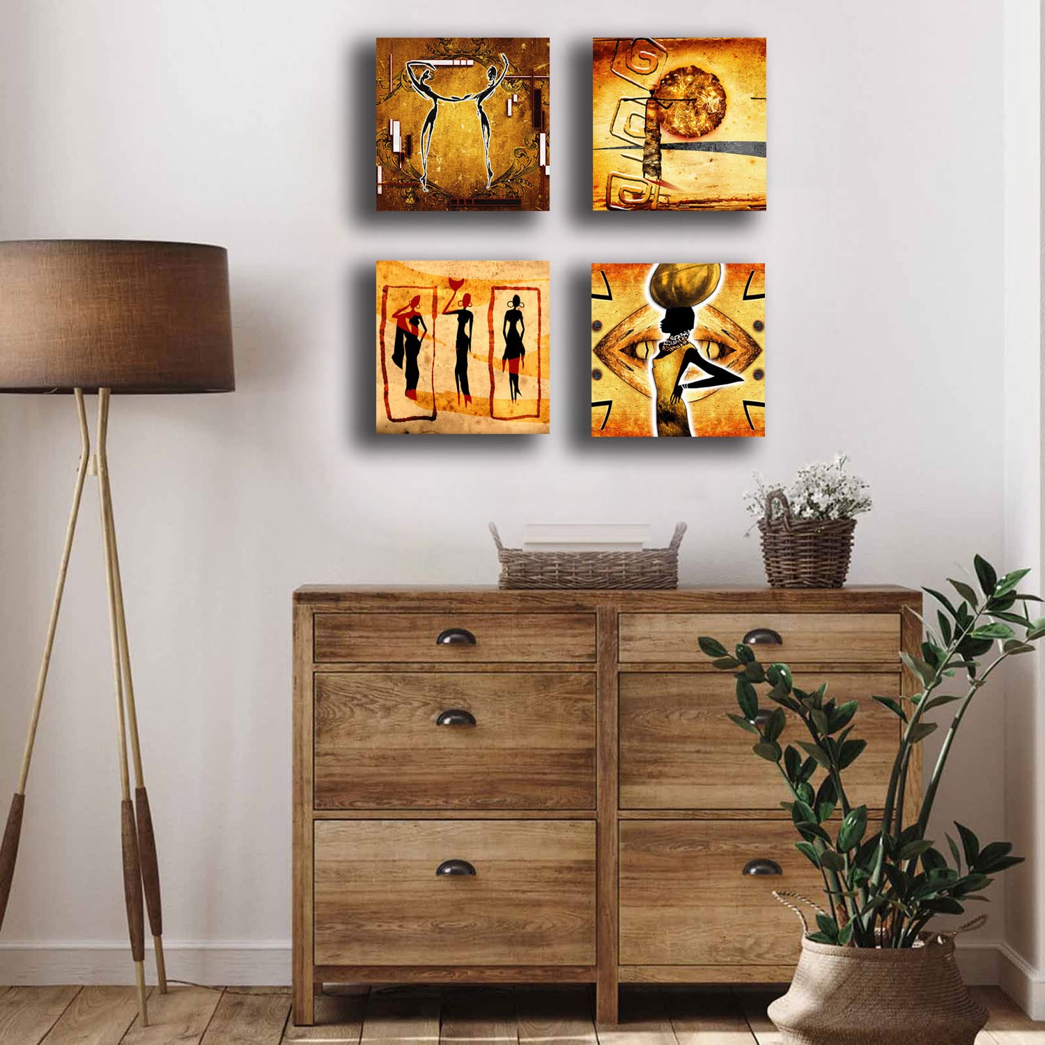 Quadri Moderni ETNICO 4 pezzi arte africa africana Sole Stampa su Tela Canvas Arredamento Astratto XXL Arredo soggiorno salotto camera da letto cucina ufficio bar ristorante (4 pezzi 30x30 cm cad.)
