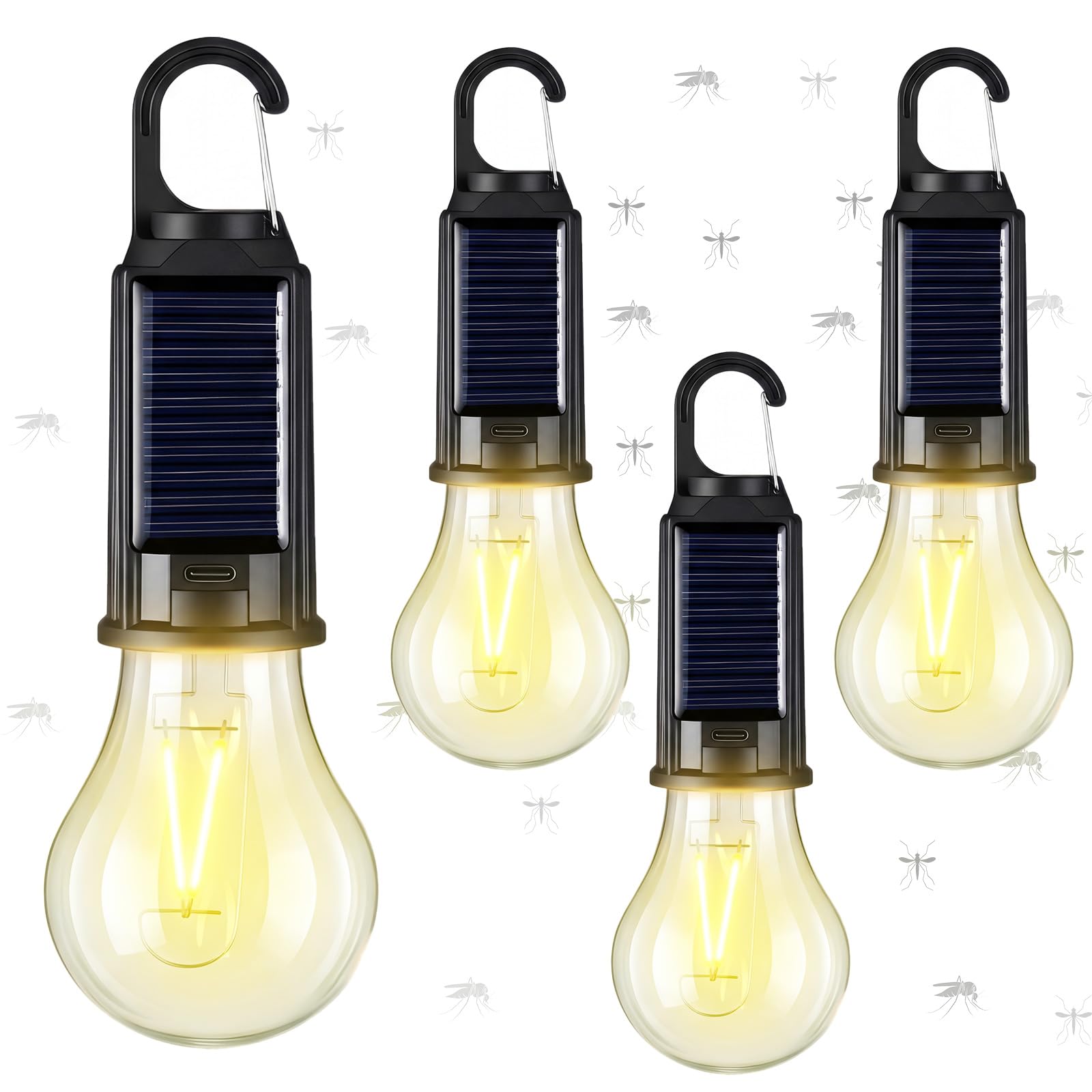 4 lanterne solari da campeggio con luce gialla, lampadina LED ricaricabile per ridurre le zanzare, 3 diverse modalità, luce portatile da appendere con gancio per campeggio, escursionismo
