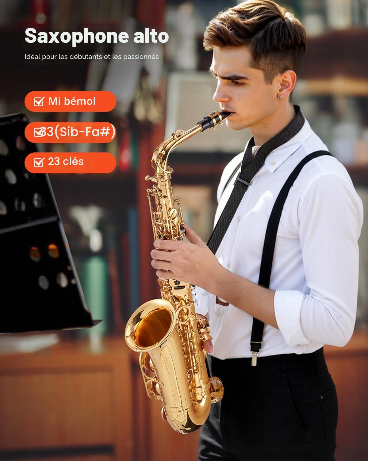 VEVOR Saxophone Alto Mi Bémol Kit Saxophone Débutants en Laiton Résistant avec Étui de Transport, Bec, Sangles, Chiffon de Nettoyage, Gants, Sangle de Cou, 23 Touches, pour Débutants, Étudiants, Doré