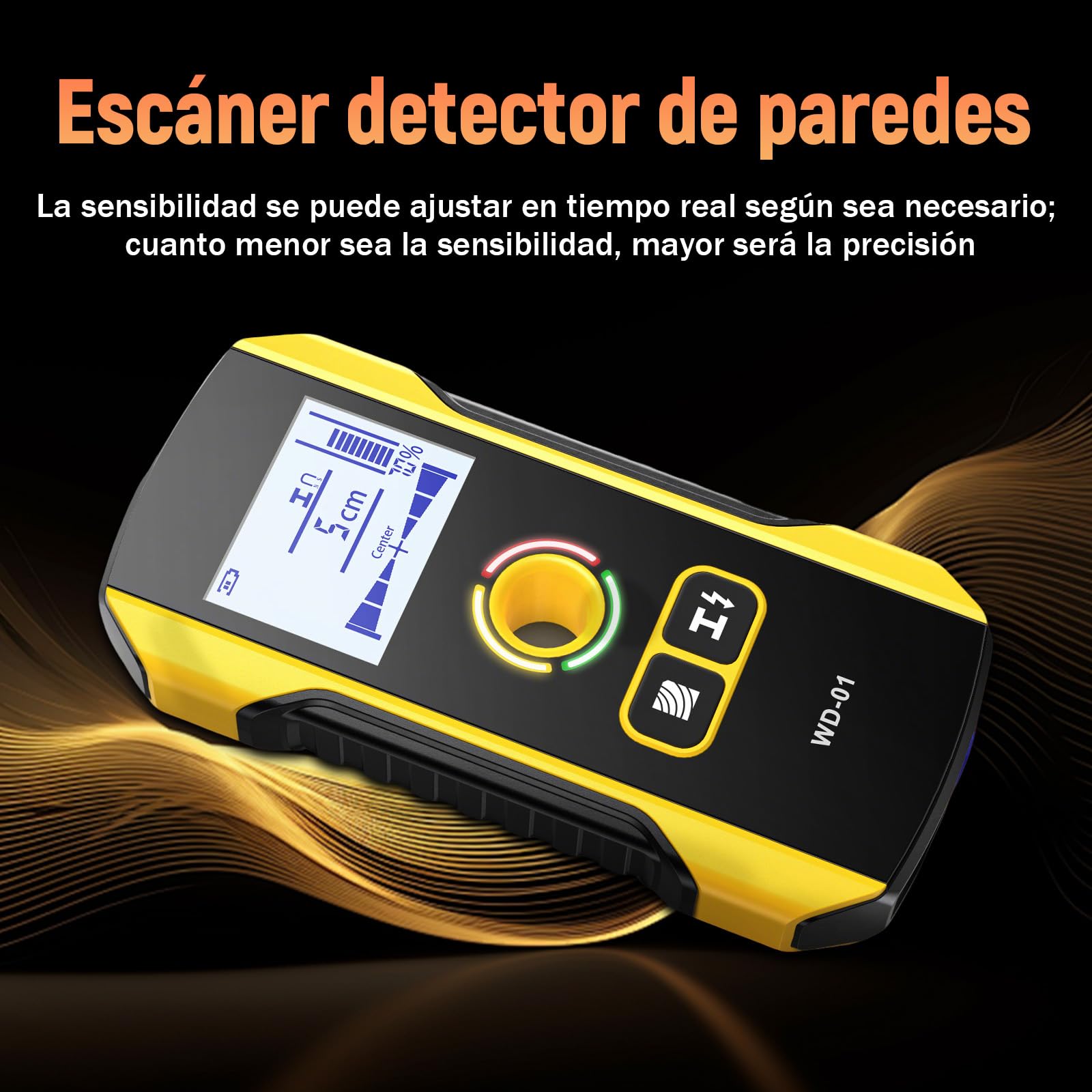 WD-01 Detector de Pared 6 en 1, Detector Cables y Tuberias con Orificio de Posicionamiento, Escáner de Pared para el Centro y el Borde de Madera, Cables de CA, Metal, Montantes, Vigas, Tuberías