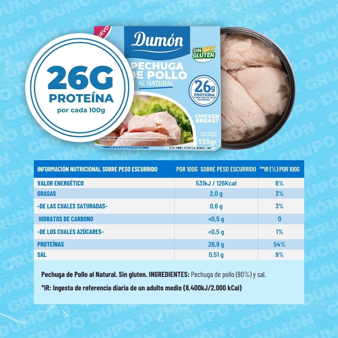 DUMON Conserva Pechuga de Pollo al Natural 12x155g 26g Proteína Sin Gluten Sin Grasa Sin Lactosa