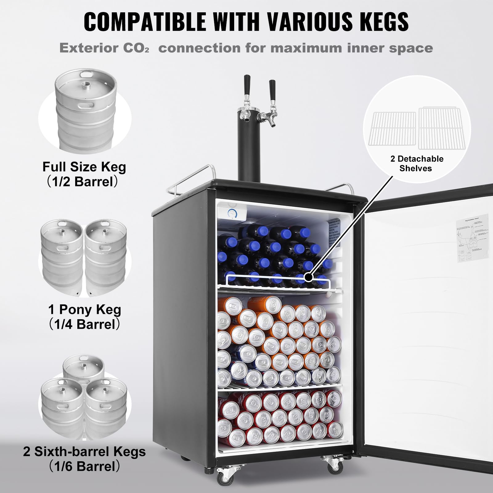 Happybuy Dual Tap Beer Kegerator - Full Size Keg Refrigerator With Co2 Cylinder, Shelves, Drip Tray & Rail, 32°F - 50°F Temperature Control, Fits 1/6, 1/4, 1/2 Barrels, Black on Fridge.com - View 4
