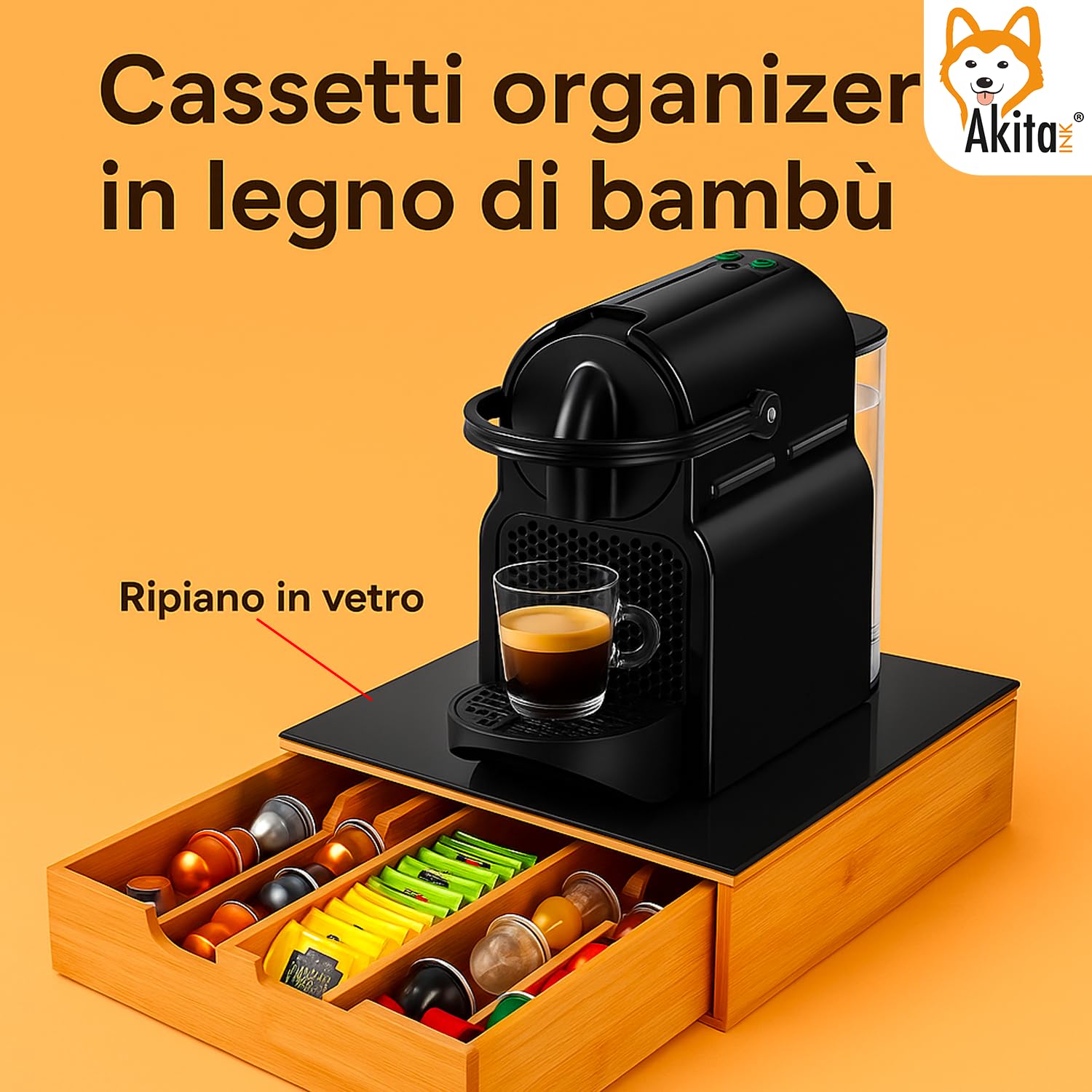 AKITAInk Porta Cialde in Bambù con Cassetto e Ripiano in Vetro - Organizer per Capsule, Cialde e Tisane - Porta Capsule Caffè, Bustine Tè e Zucchero - Perfetto per Angolo Caffè Casa e Ufficio