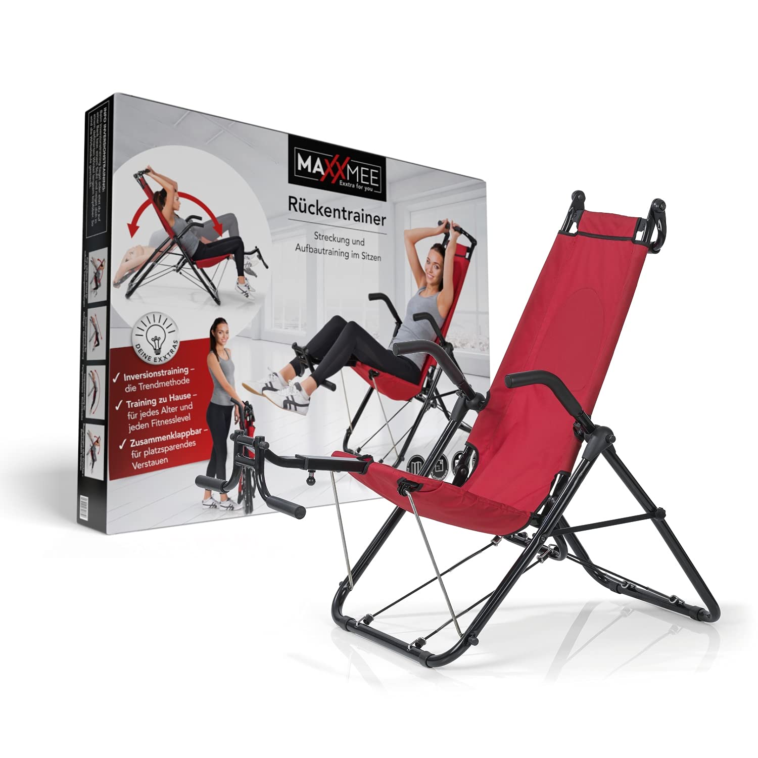 MAXXMEE Allenatore di inversione Deluxe | Per tutte le età, per tutti i livelli di fitness | per rafforzare i muscoli della schiena, addominali e gambe, portata fino a 120 kg, pieghevole [rosso/nero]