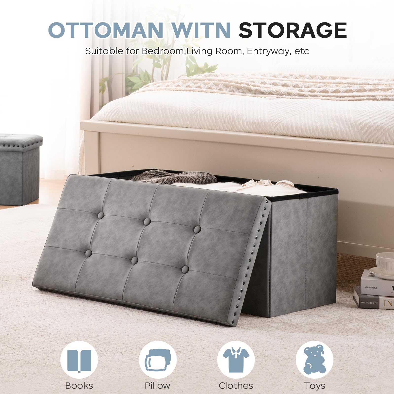 oakvivo Small 16 x 12 x12 Inches Folding Storage Ottoman, Faux Leather Foot Rest Stool with Rivet Design, Ottoman with Storage Vanity Stool Coffee Table for Living Room, Bedroom, Load 242 lbs, Green: Grey 15"D x 30"W x 15"H