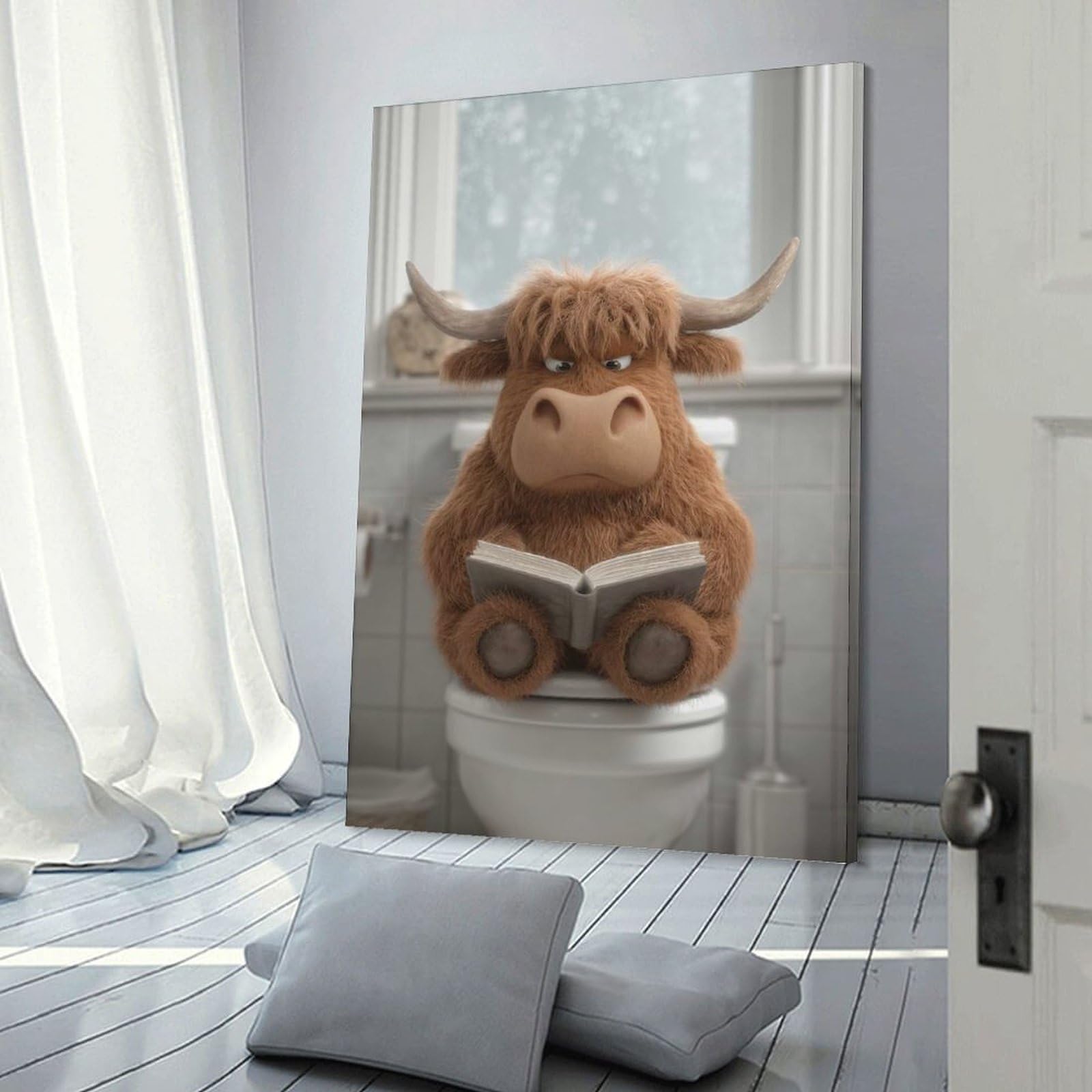 Junmoney Frame-Style-17-1 Cartoon Highland Cow Reading On Toilet Home Decor Wall Art 20X30inch(50X75cm), For Hallway, Bedroom Or Modern Interiors, Canvas Artwork With Gifting Potential
