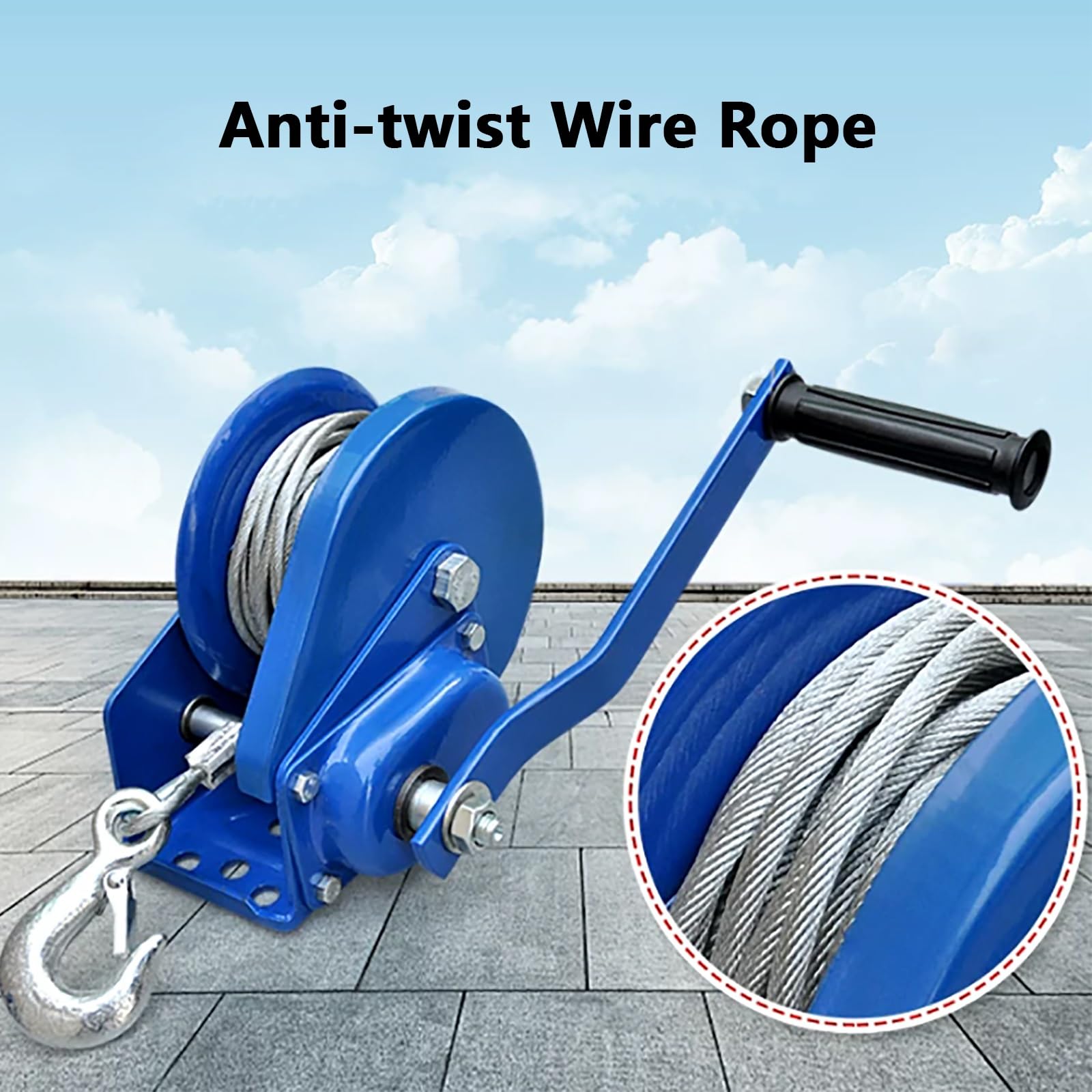 Cabrestante Manual con Manivela y Cable de Acero, Cabrestante Manual Azul con Bloqueo Automático, Empuñadura Antideslizante, para Embarcaciones Elevación(1800LB+30m/98.4ft)