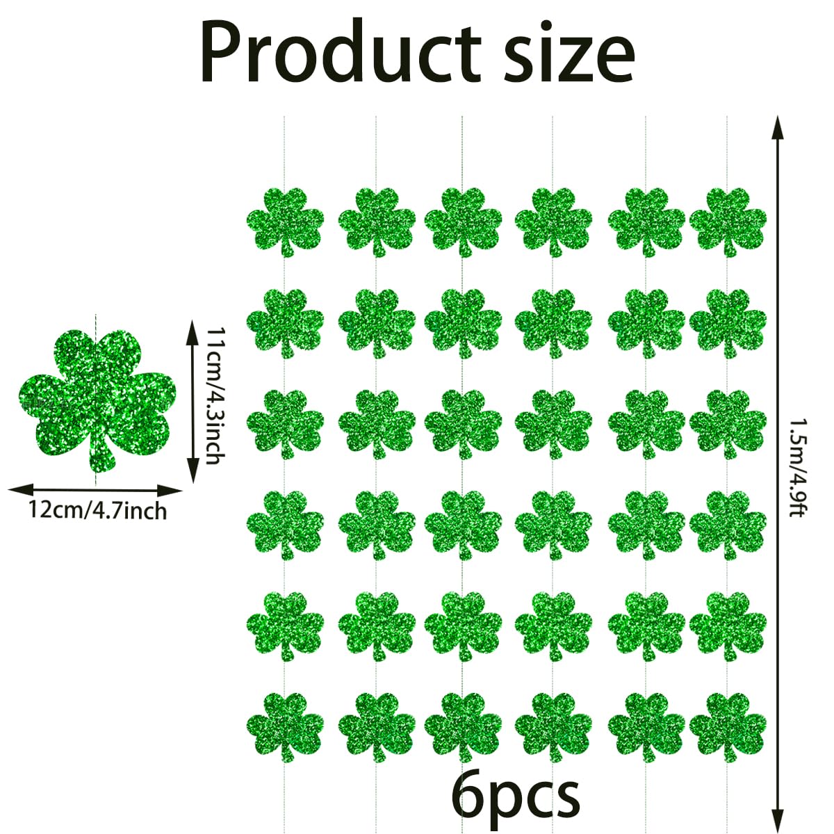 6pcs St.patricks Day Decorations, Shamrock Hanging Garland, Glitter Shamrock Foil String Hanging Garland - Image 2