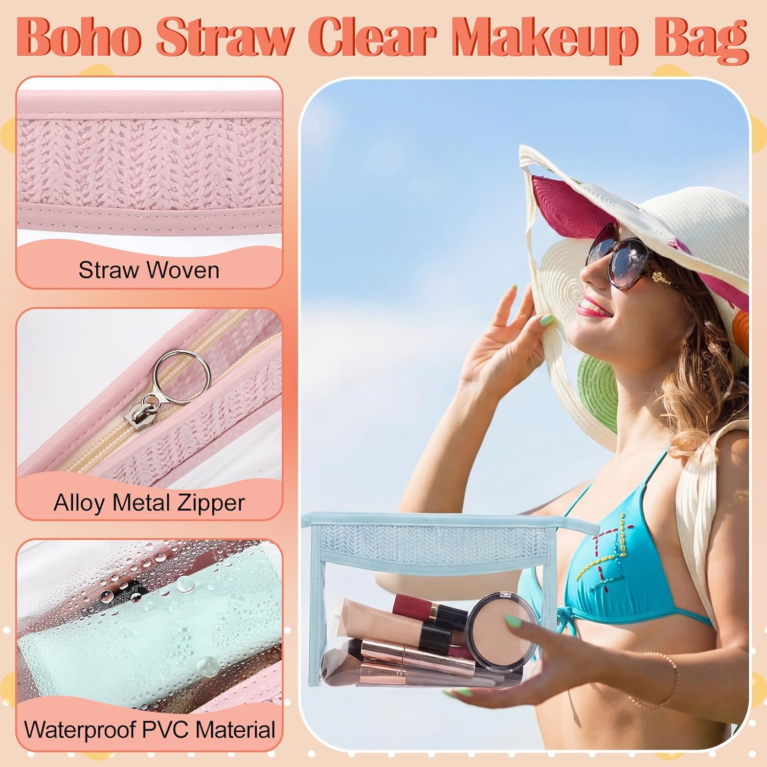 Kacctyen 10 Pcs Boho Clear Makeup Bags Bulk Waterproof Clear Beach Pouch Woven Suncreen Cosmetic Bag with Zipper for Bridesmaid Gifts Wedding Party Favors Beach Vacation (Macaron)