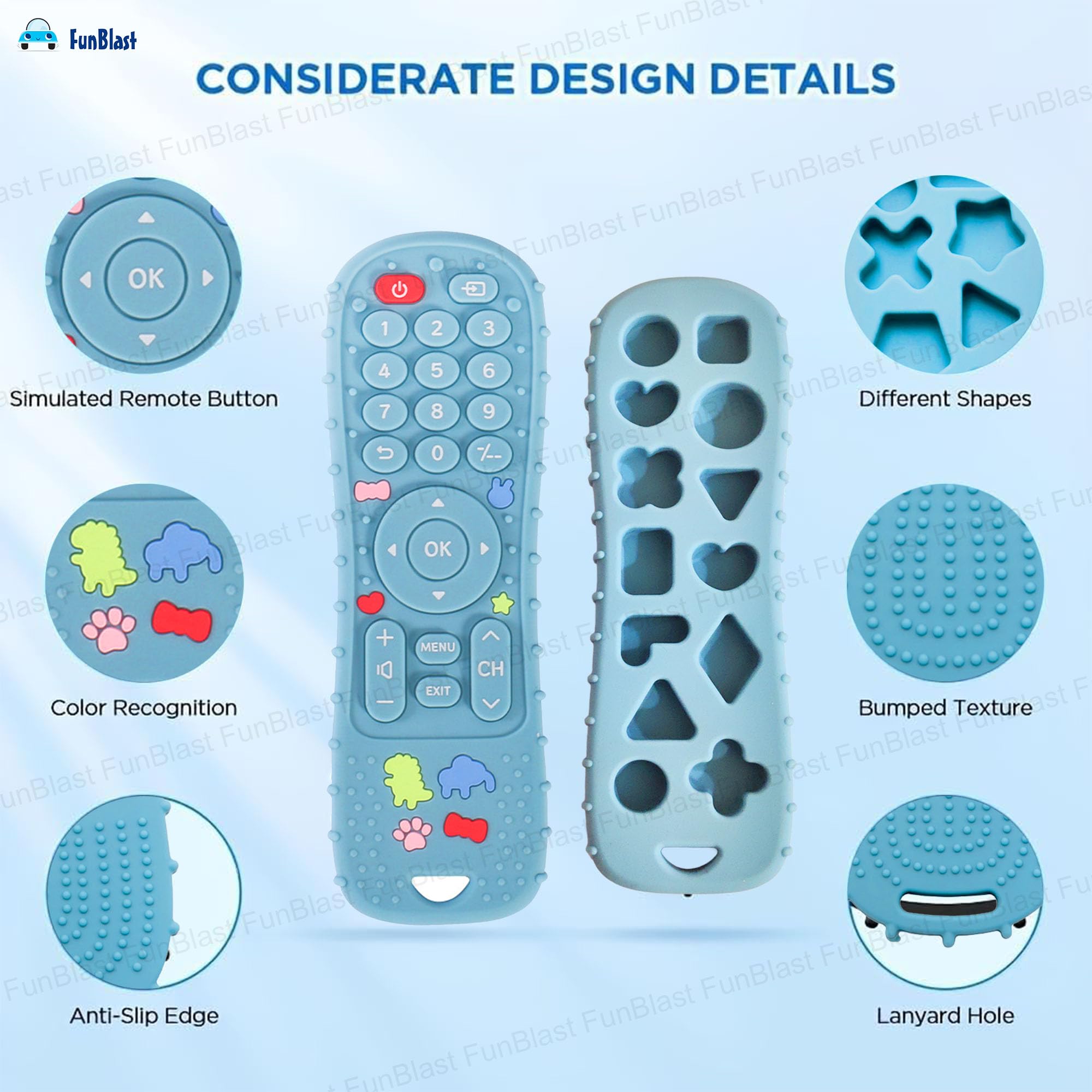 FunBlast Teether for Babies - Silicone Remote Teether for 3+ Month Baby & Toddlers, Teething Toys for Baby and Toddlers, Helps Biting Skills Development, Activity Toys for Babies (Blue) 4
