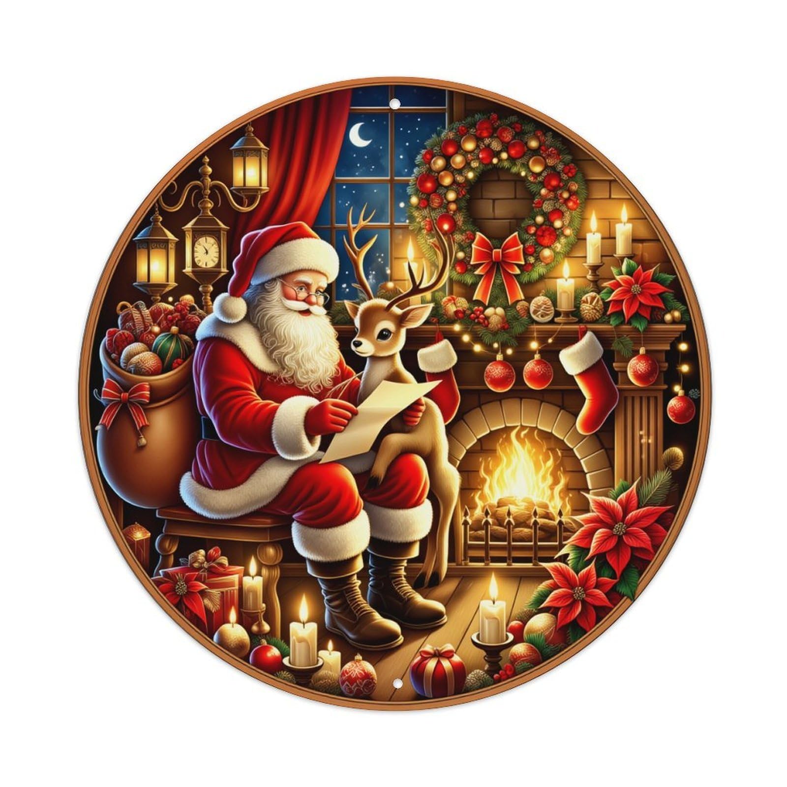 Santa Claus Reindeer Fireplace Christmas Decor Round Tin Sign Retro Metal Sign for Cafe Bar Pub Home Game Room Gym Club Wall Decoration Vintage Metal Poster 8x8 Inch