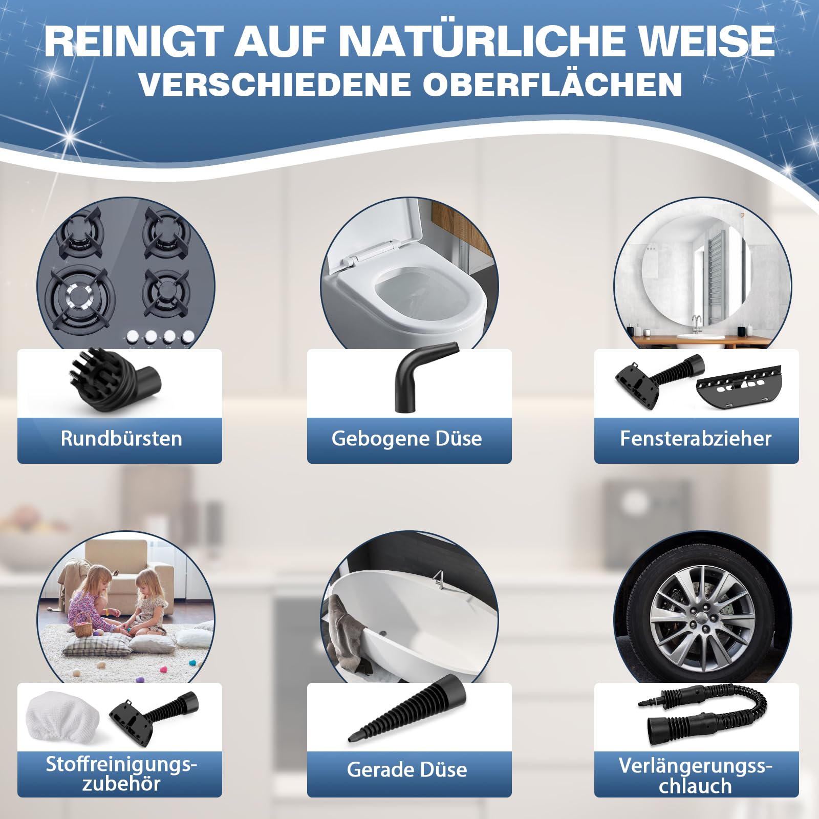 KLONA Dampfreiniger Handgerät, Steam Cleaner mit 10 Zubehör | 3 Min Schnellheizung | Tank: 350 ml | chemiefrei | Kindersicherung | Steam Cleaner | für Fliesen, Fenster, Polster, Bad
