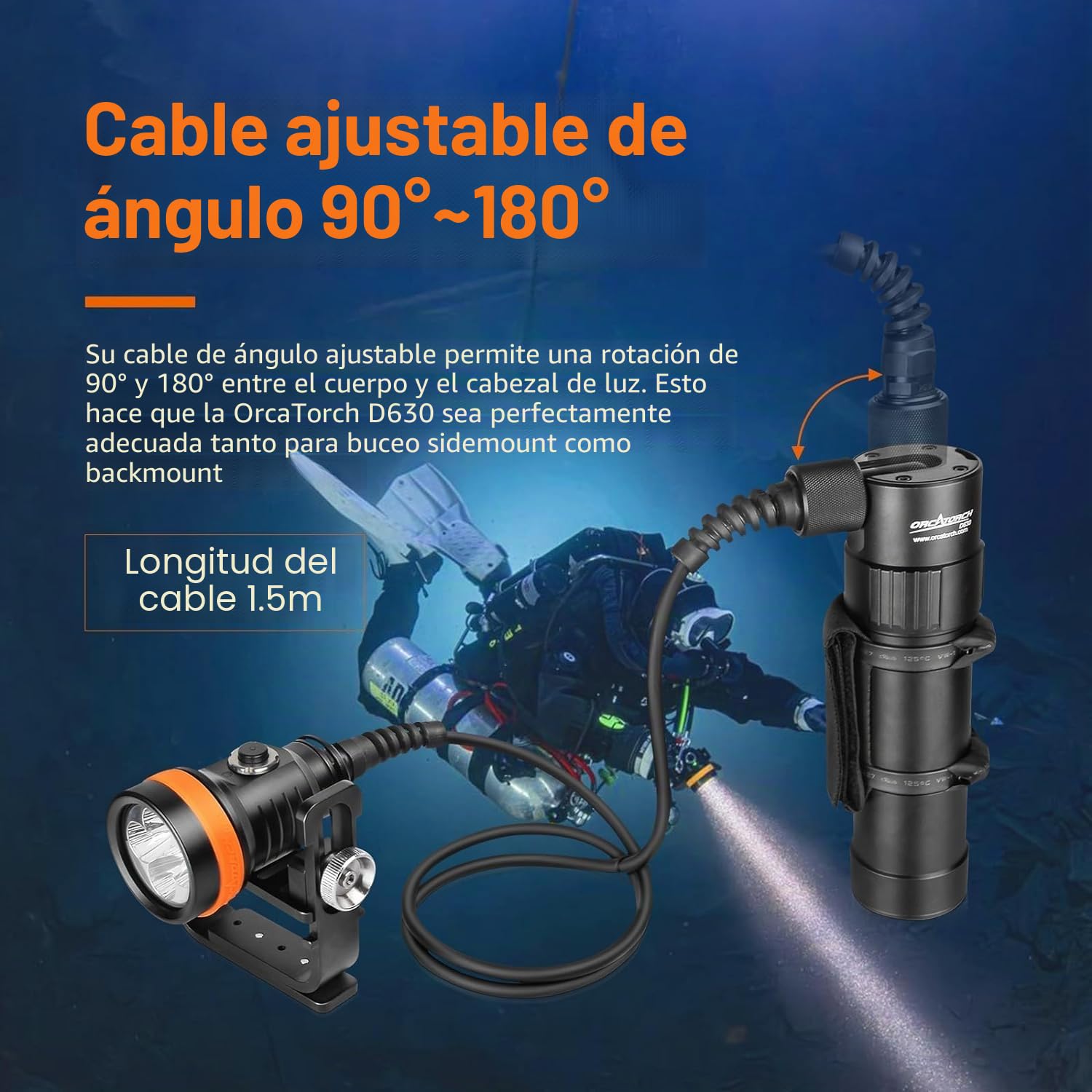 Orcatorch D630 5 LED 4000 Lumen Directo o Lateral de Configuración Principal Tecnología Linterna Sumergible para Buceo en Cuevas | Montaje Lateral Posterior, Cable Ajustable 90–180°, IP68 Impermeable, Empuñadura Goodman Incluida, Espeleo Buceo Naufragios