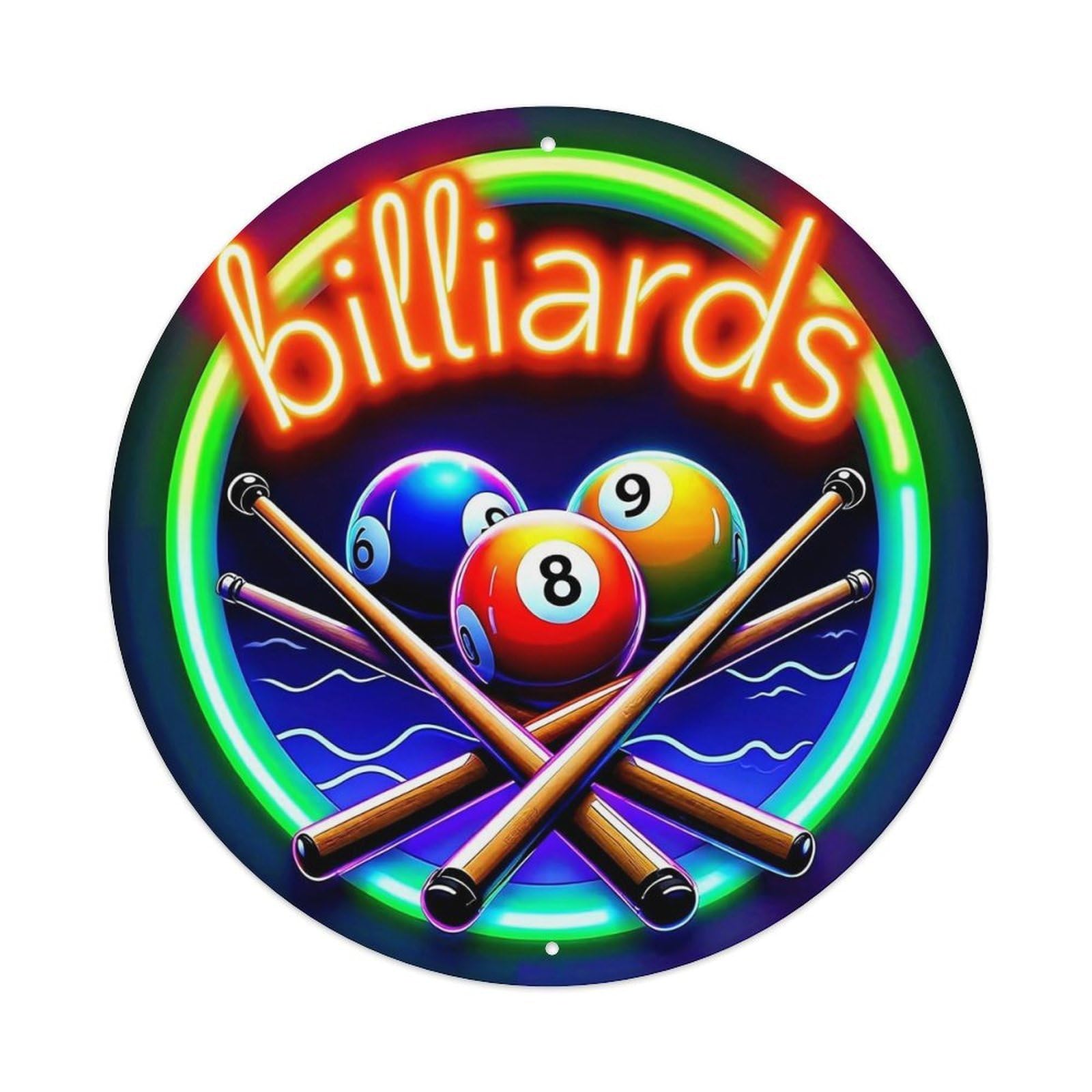 Neon Billiards Balls Cues Design Tin Sign Metal Poster Vintage Metal Signs for Home Man Cave Bar Cafe Kitchen laundry room Wall Decorations 8x8 inches