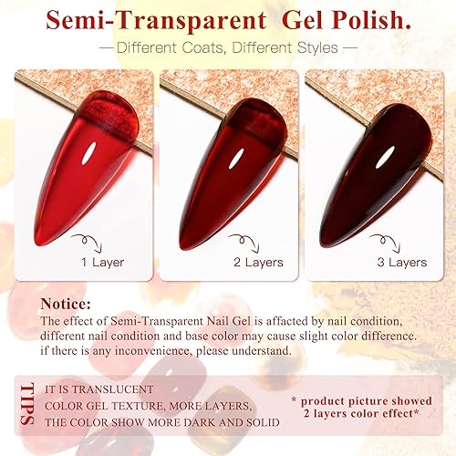 Miniatura 6 de MTSSII Esmalte de uñas de gel de cristal de gelatina, uñas translúcidas de concha de tortuga, vino, borgoña, rojo, coral, caramelo, naranja, ámbar,
