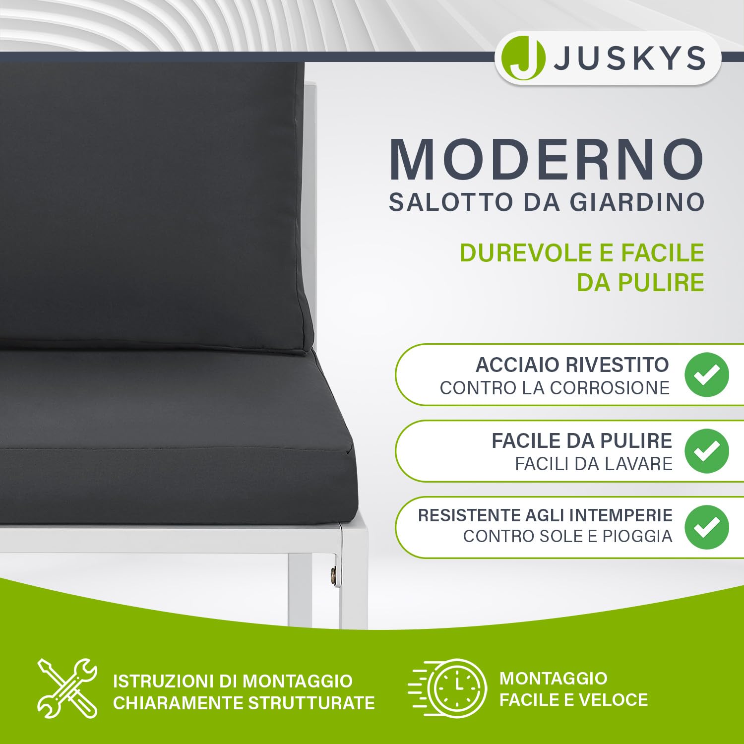 Juskys set di mobili da giardino Bari da 5 pezzi - Set lounge con tavolino e cuscini - Salottino da giardino, terrazzo, aree esterne - Grigio