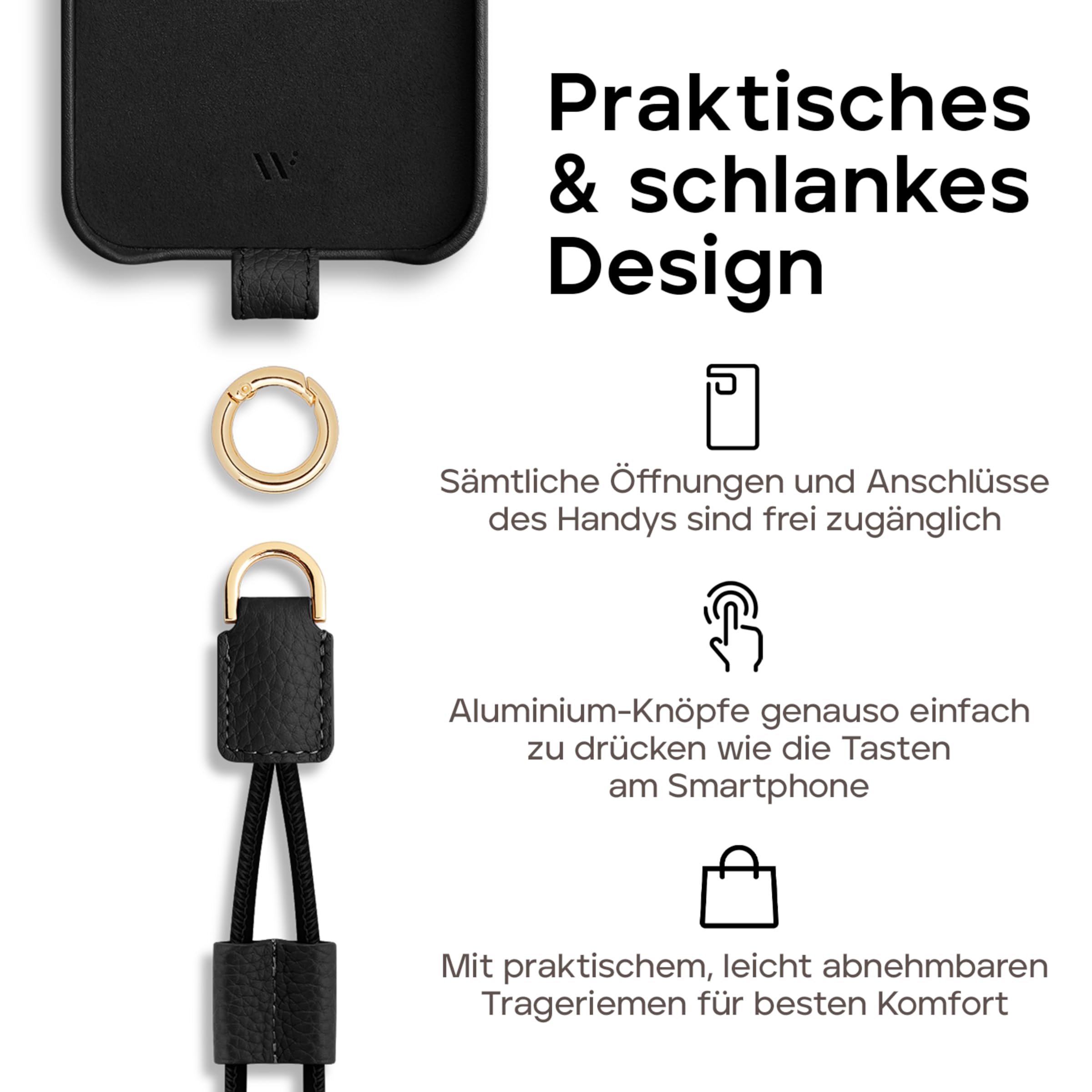 WIIUKA Etui do iPhone 14 Pro, skórzane etui z Niemiec, skórzane etui na telefon komórkowy, etui premium, etui na telefon komórkowy, etui, łańcuszek do zawieszenia, czarne