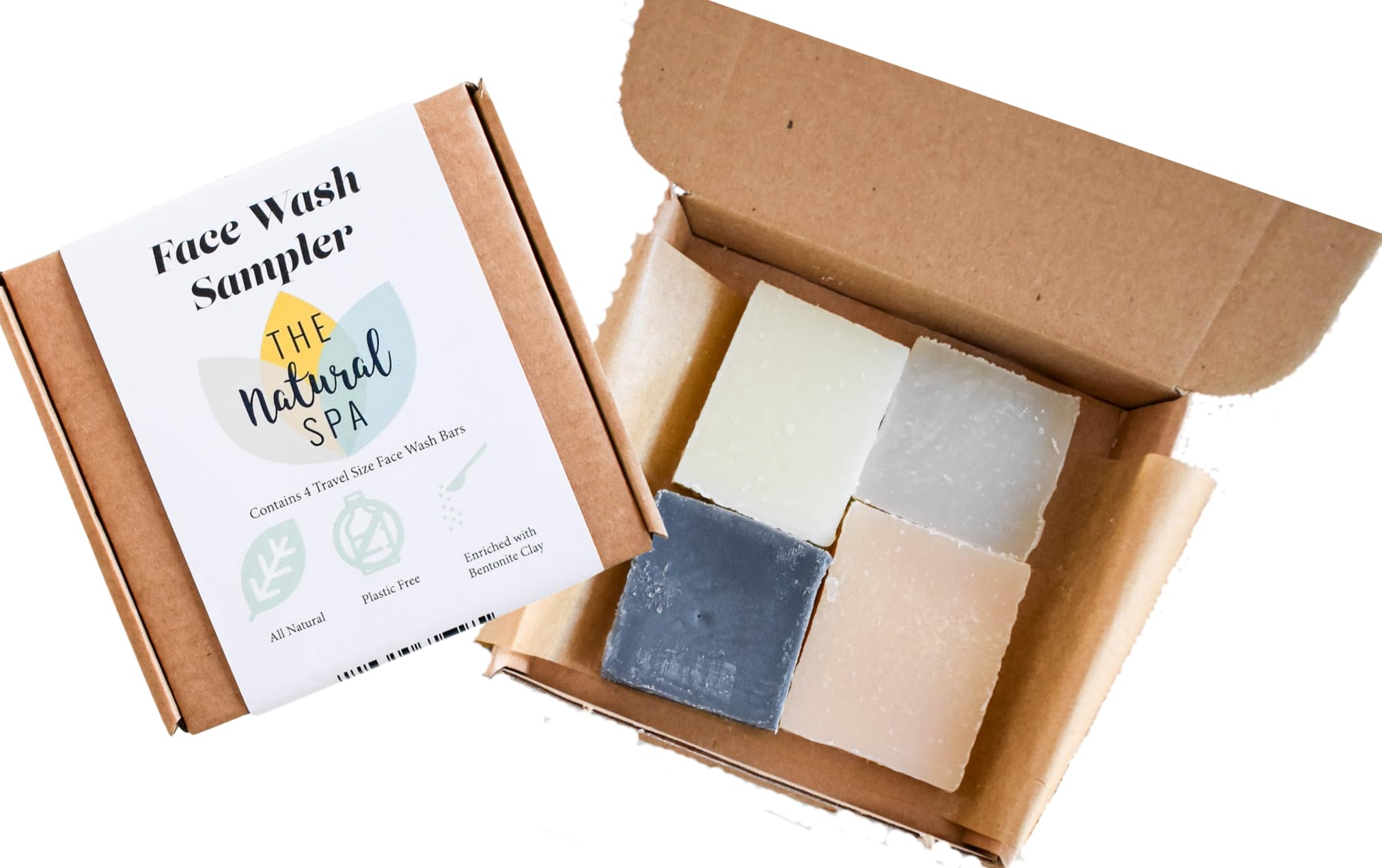 the Natural Spa Face Wash Bar Sampler Box, Includes 4 Handcrafted Vegan Face Soap Bars, Unique Beauty Gifts Sets for Women, Gift-Ready Skin Care Bars in Letterbox Packaging, Box of 4 15g bars