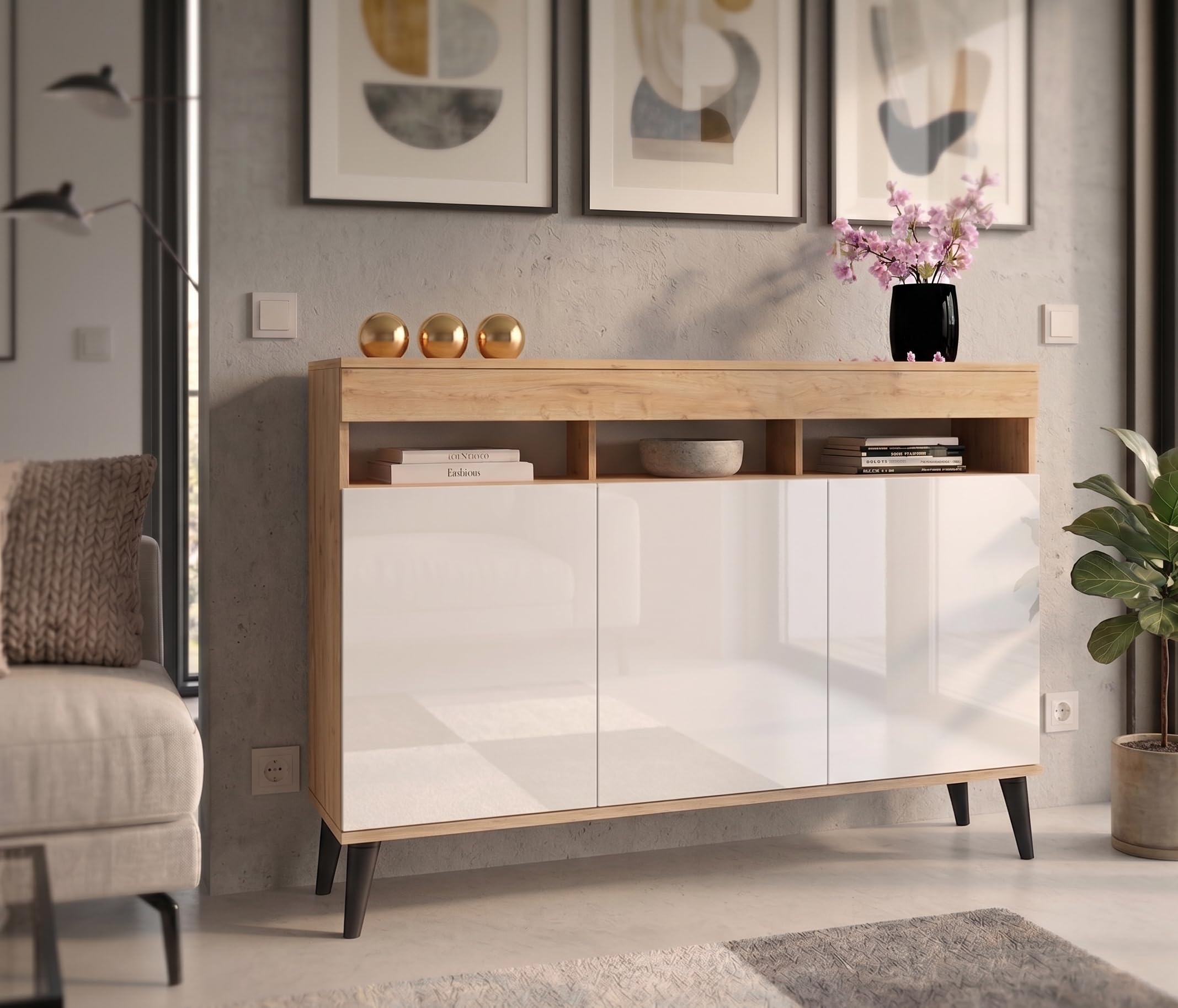 Euro Style Große Kommode Fernsehschrank Sideboard 120cm Skandi Golden Eiche/Weiß Hochglanz