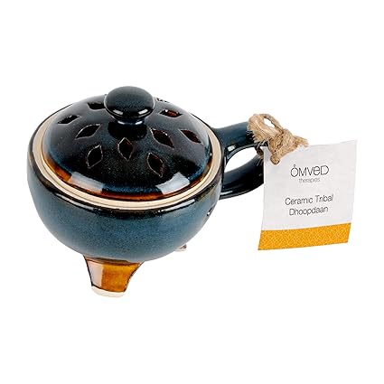 Omved Ceramic Tribal Dhoopdaan - Handcrafted Stoneware Charcoal Incense Dhoop Burner(Round)