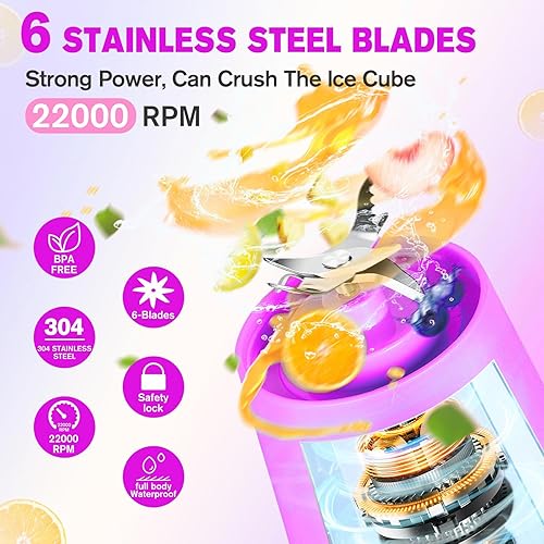 Miniatura 2 de Licuadora portátil, mini licuadora para batidos y batidos, licuadora de jugo fresco de 15.2 onzas con 6 cuchillas, botella multifuncional y sin BPA,