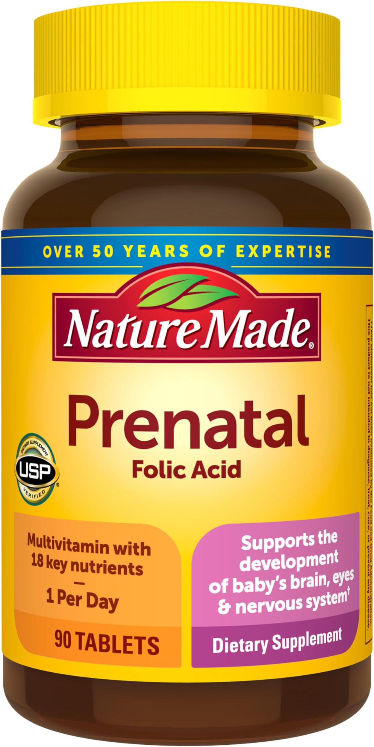 Nature Made Prenatal Multivitamin with Folic Acid, Vitamin & Mineral Supplement, Daily Nutritional Support, Prenatal Vitamins for Women, 90 Tablets, 90 Day Supply