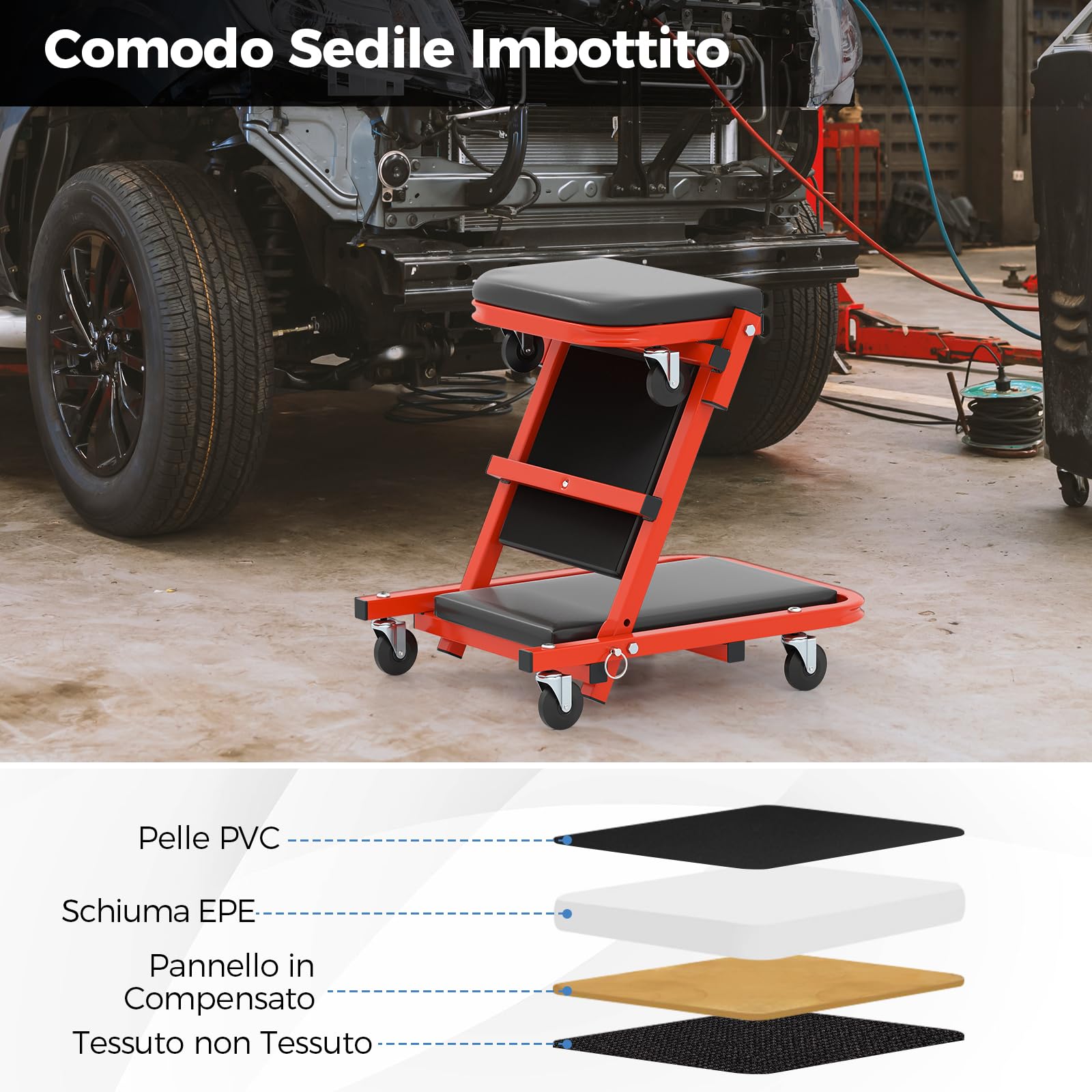 COSTWAY 2 in 1 Sgabello da Officina a Forma di Z, Carrello Meccanico sotto Auto con Sedile Imbottito e Ruote Girevoli a 360°, Portata 160 kg, per Garage e Officina (Nero)