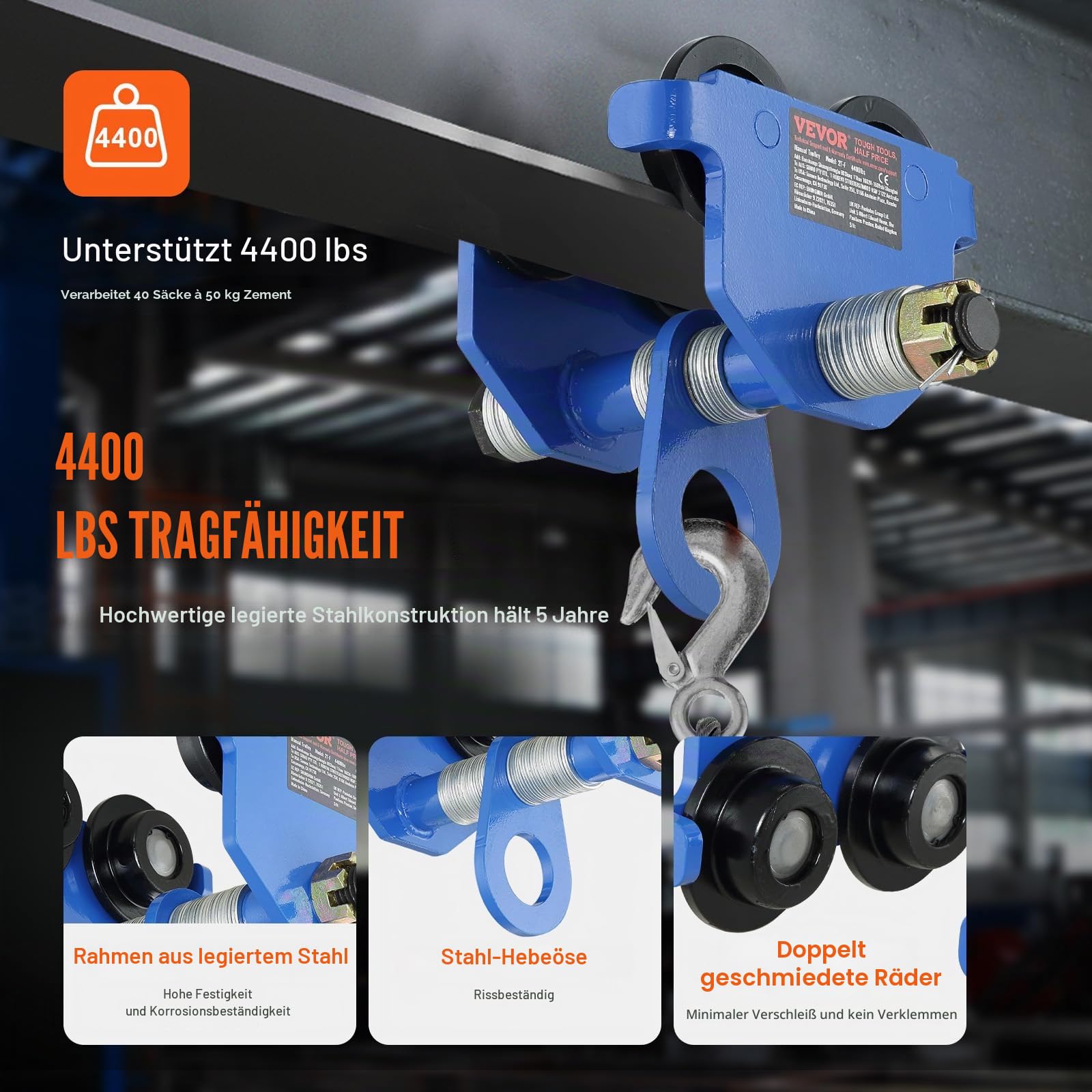 VEVOR Laufkatze 2000 kg Tragkraft Rollfahrwerk mit Doppelrädern, einstellbar für I-Trägerflanschbreite 63,5 bis 177,8 mm Hochleistungs-Garagenhebezeug aus legiertem Stahl für gerade gebogene I-Träger