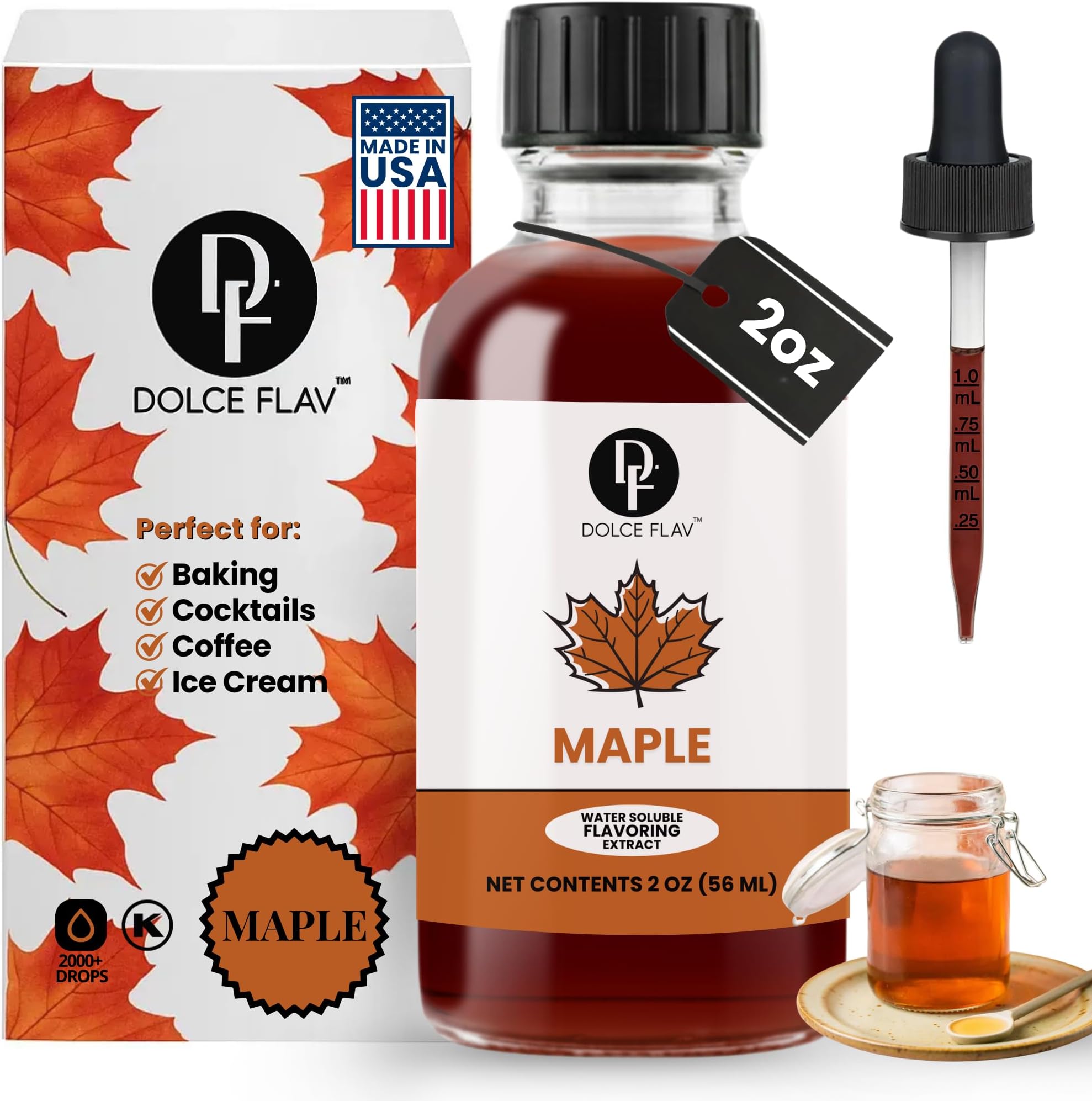 Maple Extract - 2 Ounce Water-Soluble Multipurpose Flavoring Ideal for Baked Goods, Beverages, Coffee, Desserts & Ice Cream - Perfect Kitchen Gift for Holidays