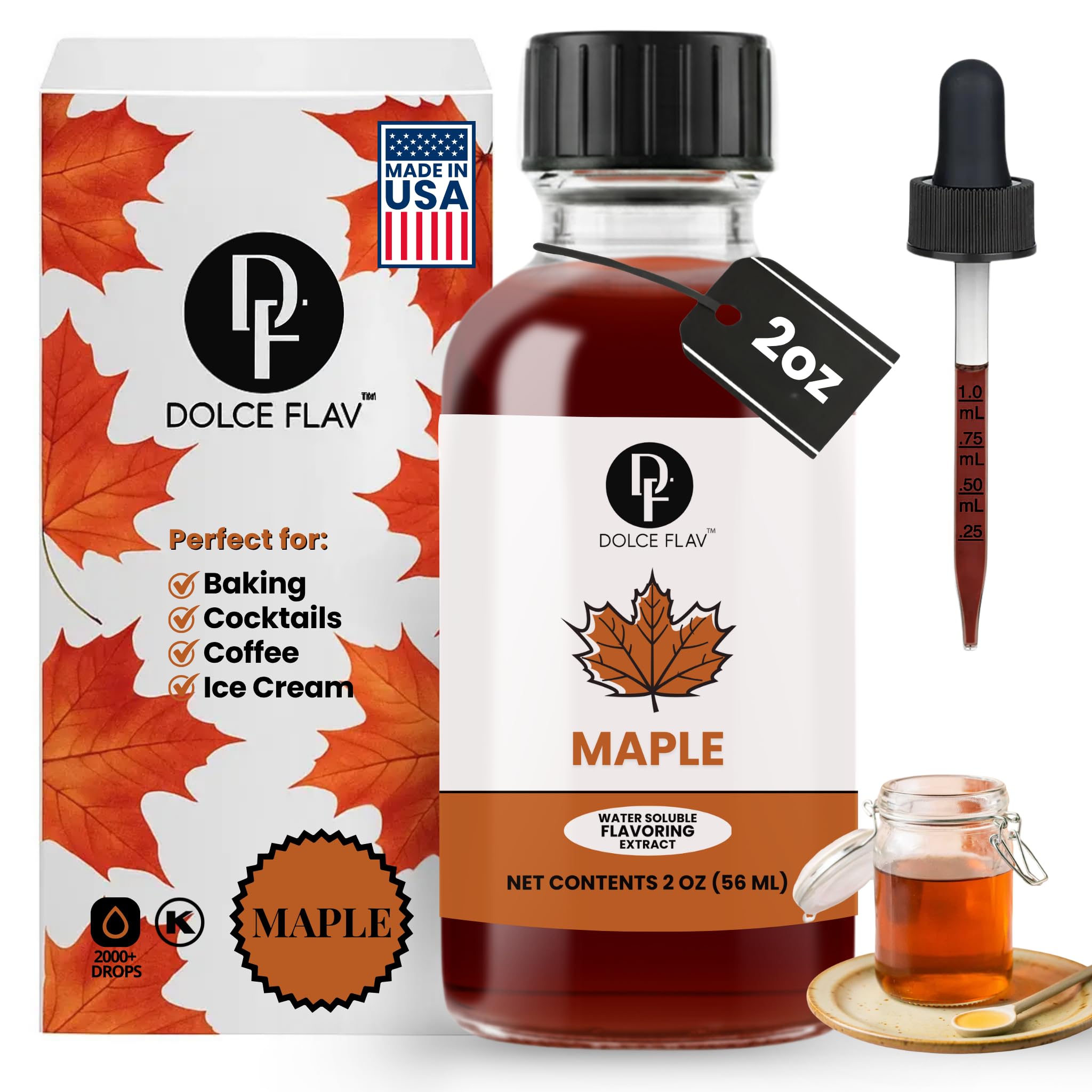 Dolce Foglia Maple Flavoring - 2 Oz. - Flavoring Oil for Multipurpose Water Flavoring Extracts and Flavorings for Baking, Sugar Free Drinks, Ice Cream, Strong Concentrated Alcohol Free and Water-Based