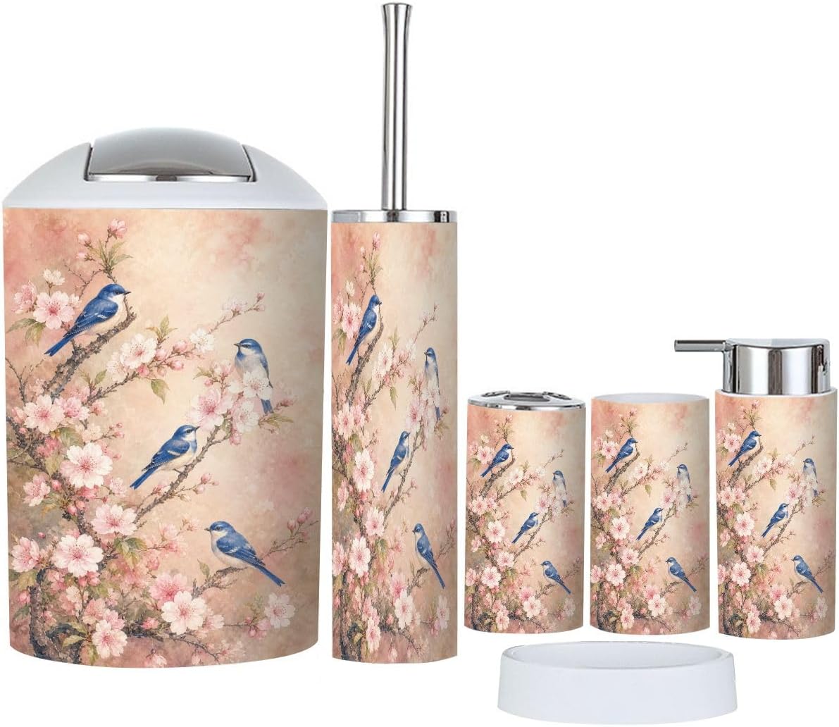 Bathroom Accessories Set 6 piece Bluebirds Perched Cherry Plastic shatterproof Vanity Organization countertop Decor for Home, Apartment, Dorm