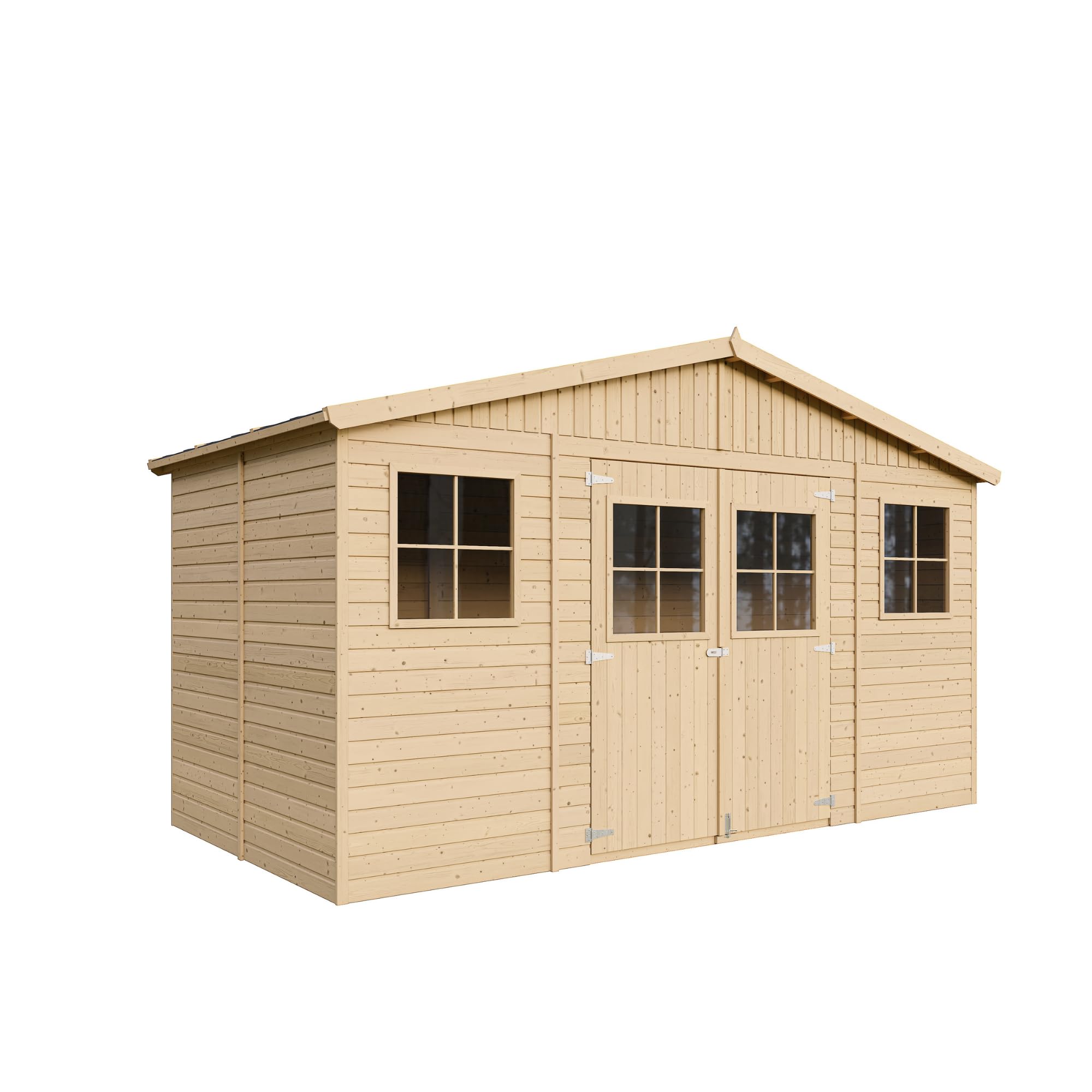TIMBELA M332+332G Drewniana szopa ogrodowa z impregnowaną podłogą, z oknami 246 x 418 x 220 cm (wys. x szer. x gł.), o powierzchni 8 m², naturalne drewno, szopa ogrodowa, warsztat, na rowery, narzędzia