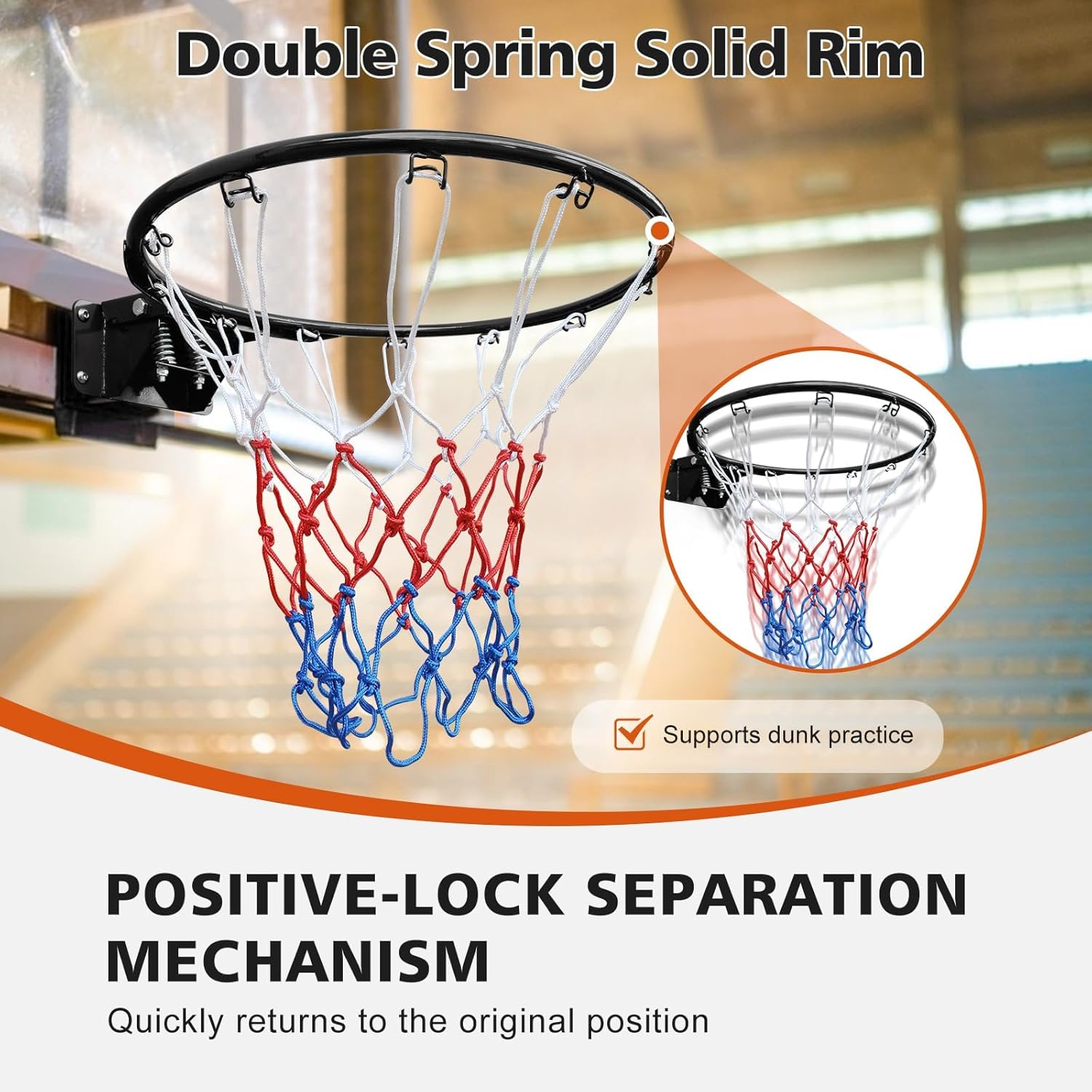Basketball Rim, 18" Double Spring Solid Steel Hoop with Net, for Indoor and Outdoor Use, Black
