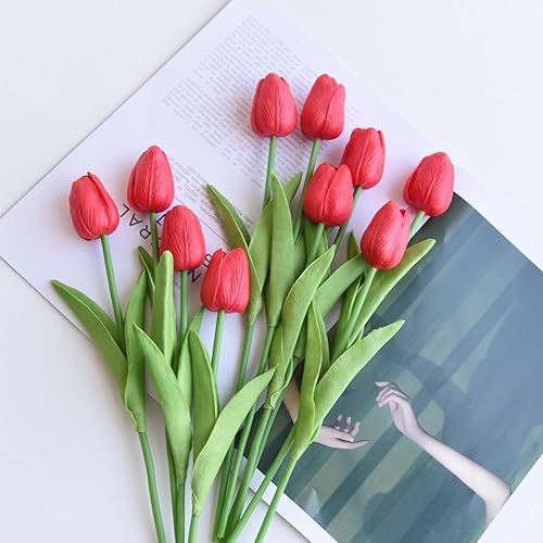 Miniatura 5 de 20 tulipanes rojos de 13 pulgadas de tacto real, flores artificiales de látex de poliuretano con tallos, para Navidad, día de San Valentín, día de